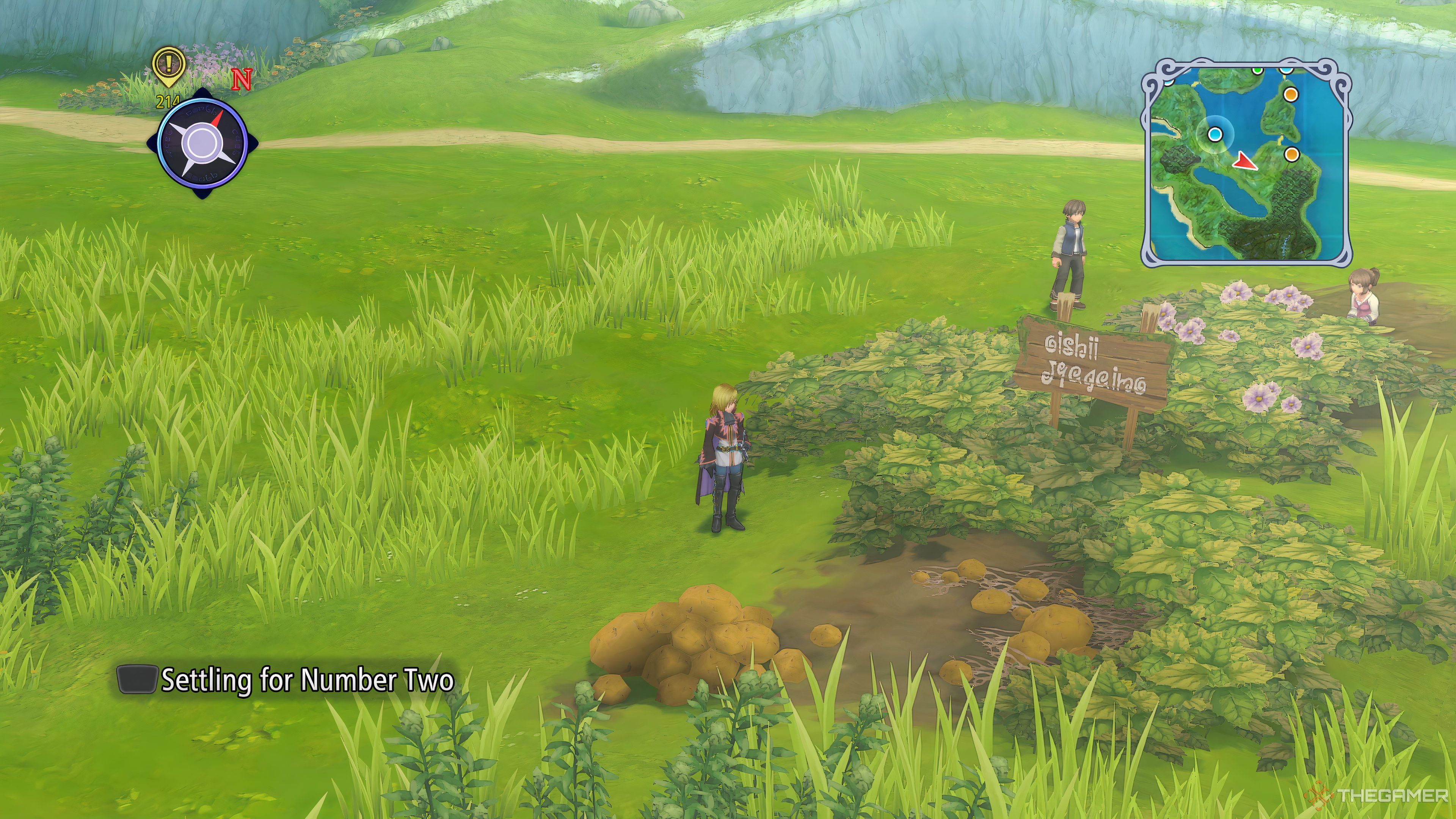 Richard standing next to a field of potatoes with a Conversation pop-up on the screen in Tales Of Graces F Remastered.