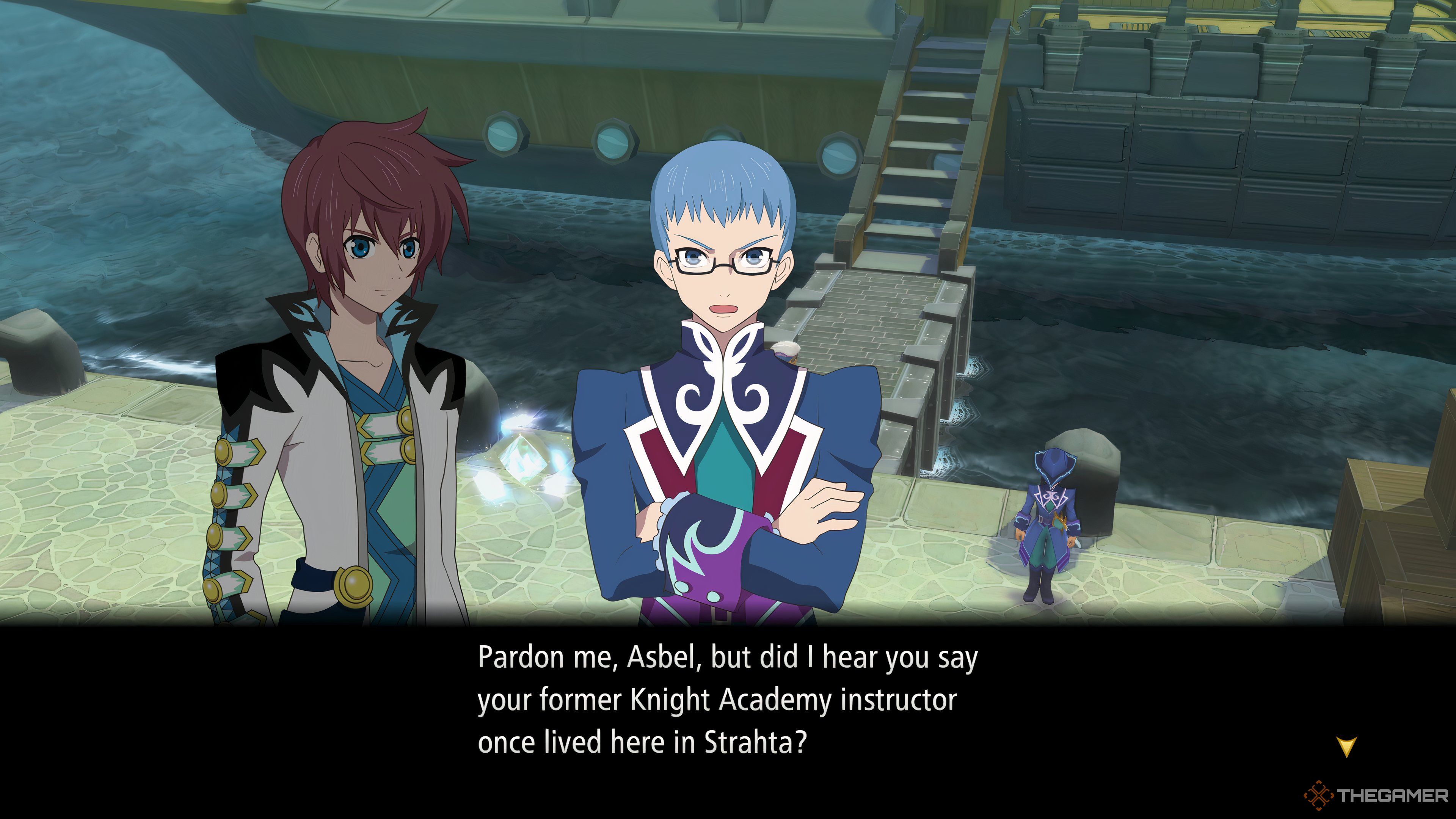 Asbel having a conversation with Hubert at North Yu Liberte port before they depart for Fendel in Tales Of Graces F Remastered.