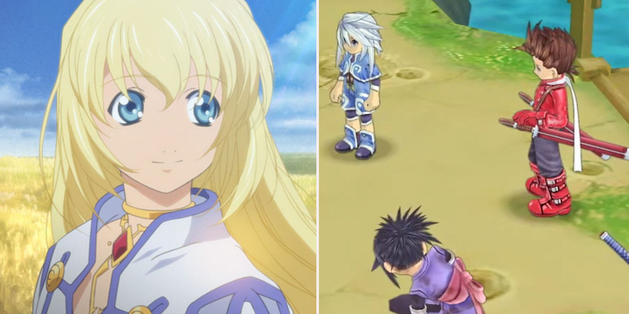 Split image with two photos. The left is a cutscene of Colette, and the right shows Lloyd and Sheena.