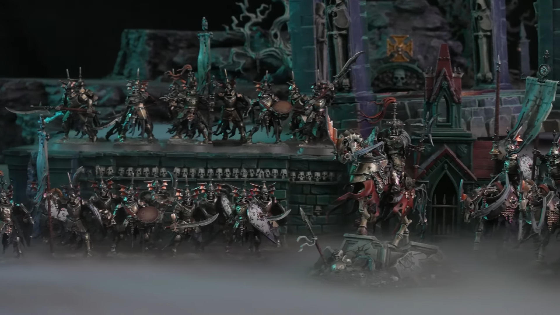 Skeleton models lined up on a gothic battlefield