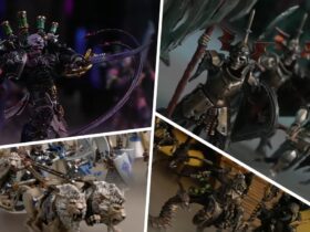 A collection of Warhammer models, divided by white lines