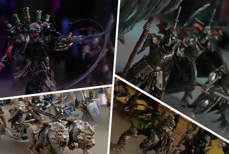 A collection of Warhammer models, divided by white lines