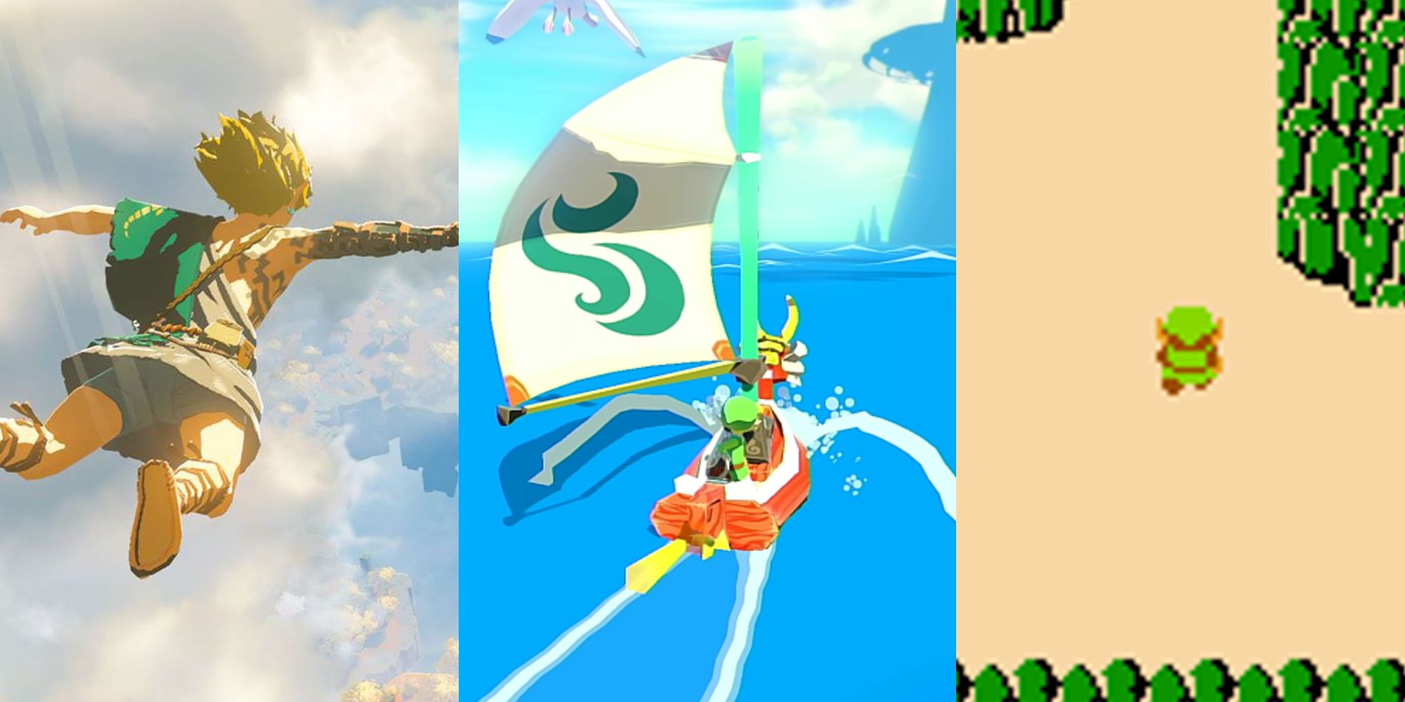 Link skydiving in Hyrule; Link sailing on a boat; Link at the start of the NES game