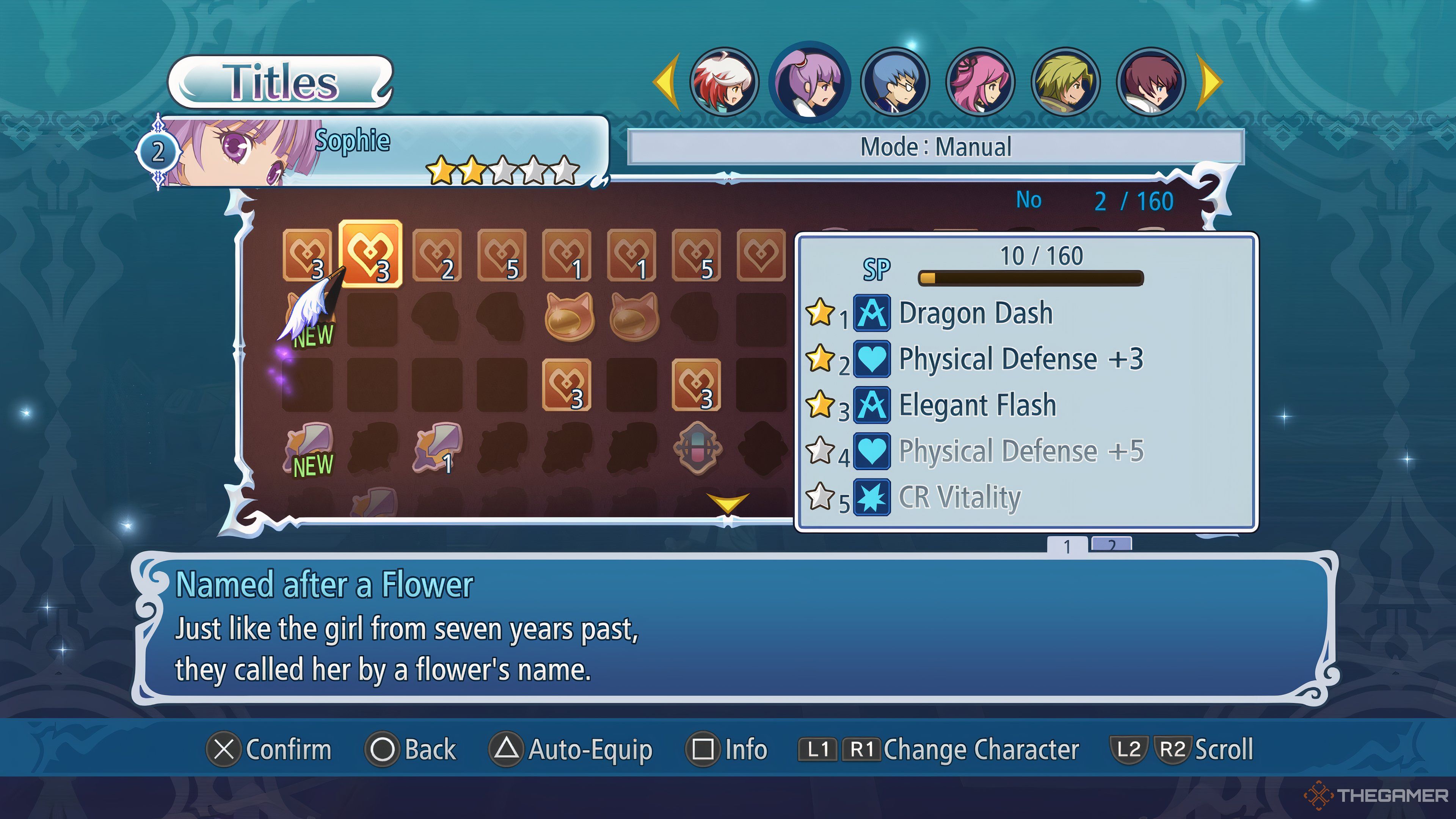 Title menu for Sophie showing a variety of earned titles and focusing on her Named After A Flower Title in Tales Of Graces F Remastered.