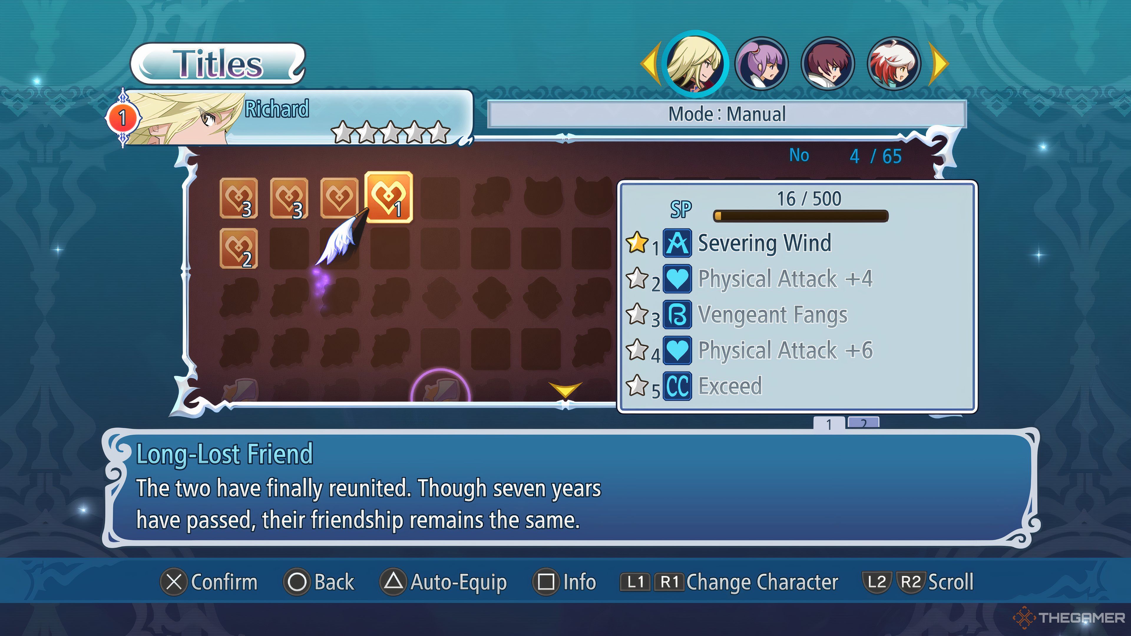 Title menu for Richard showing several obtained titles and focusing on his Long-Lost Friend title in Tales Of Graces F Remastered.