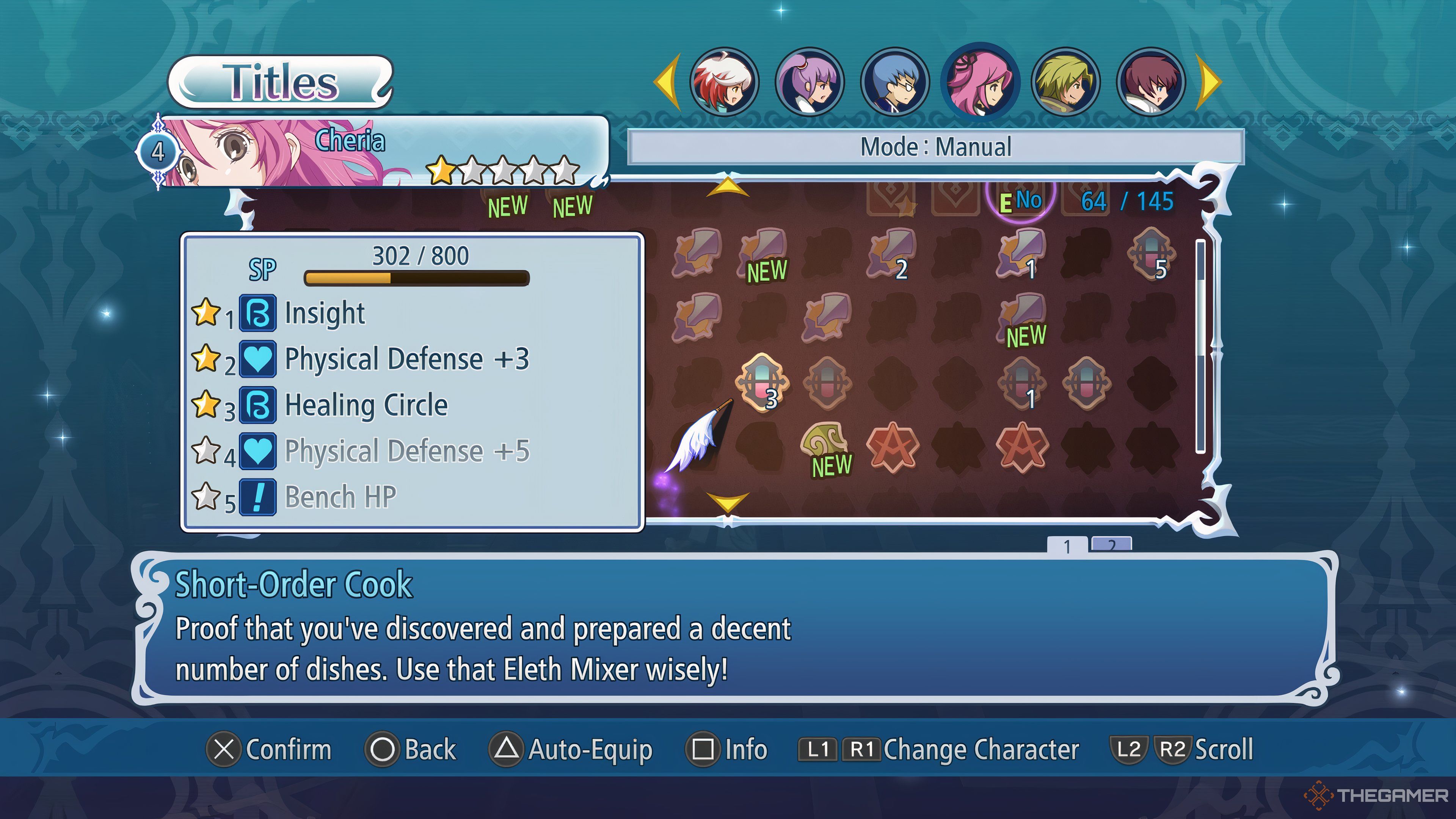 Title menu for Cheria showing a variety of titles earned and focusing on her Short-Order Cook title in Tales Of Graces F Remastered.