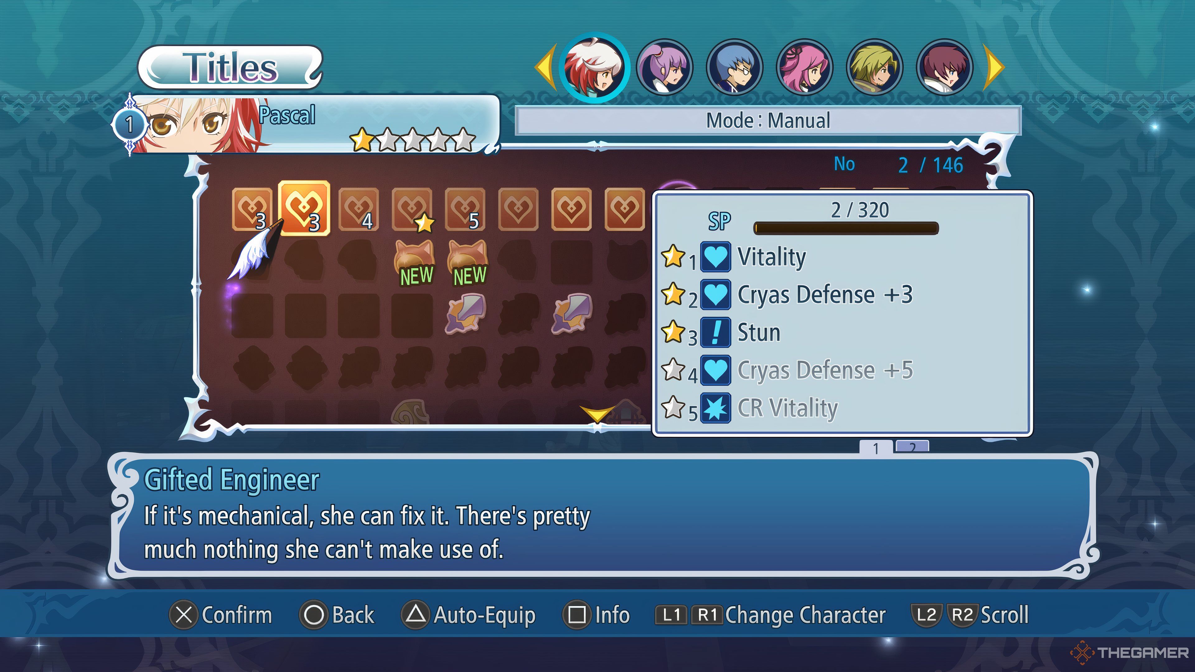 Title menu for Pascal showing a variety of titles obtained and focusing on her Gifted Engineer title in Tales Of Graces F Remastered.