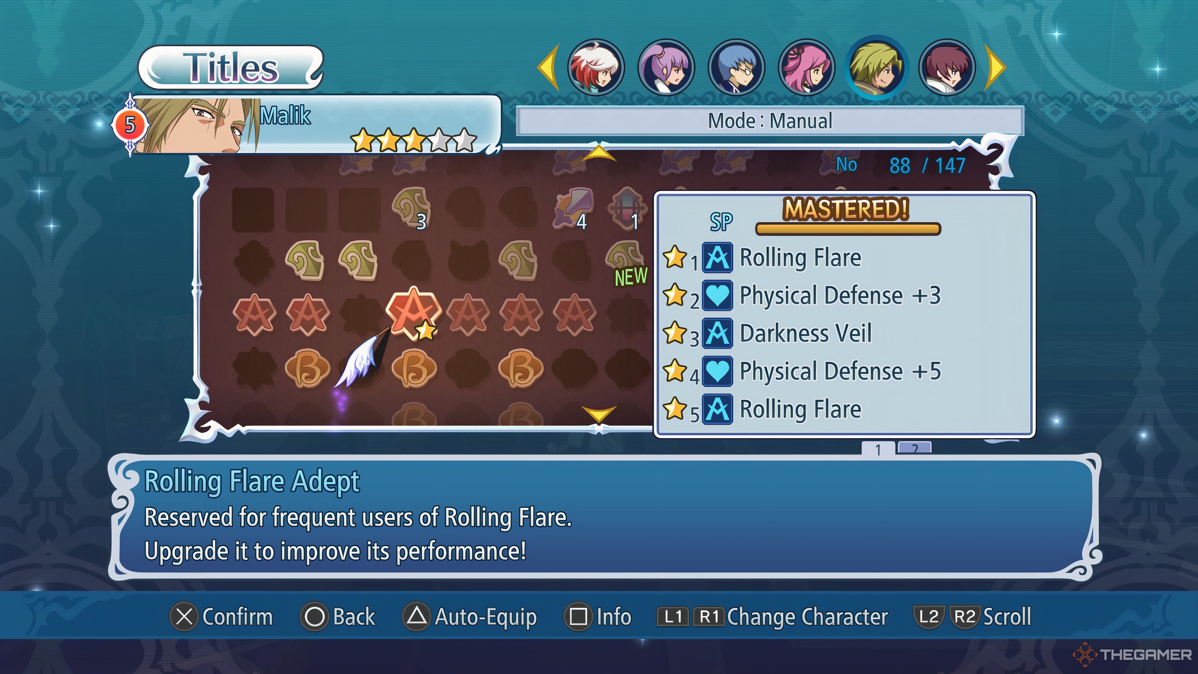 Title menu for Malik showing a variety of obtained titles and focusing on his Rolling Flare Adept title in Tales Of Graces F Remastered.