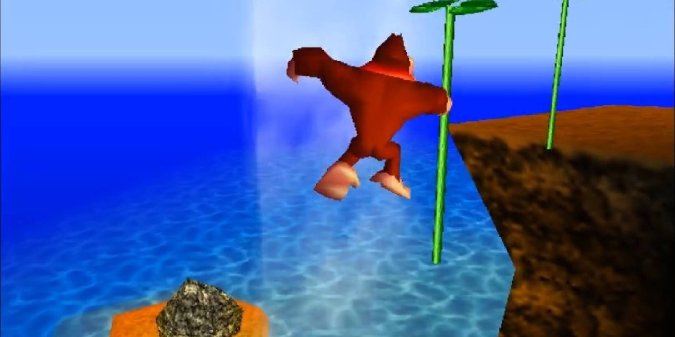 Donkey Kong swinging on vines above DK Isle in Donkey Kong 64.