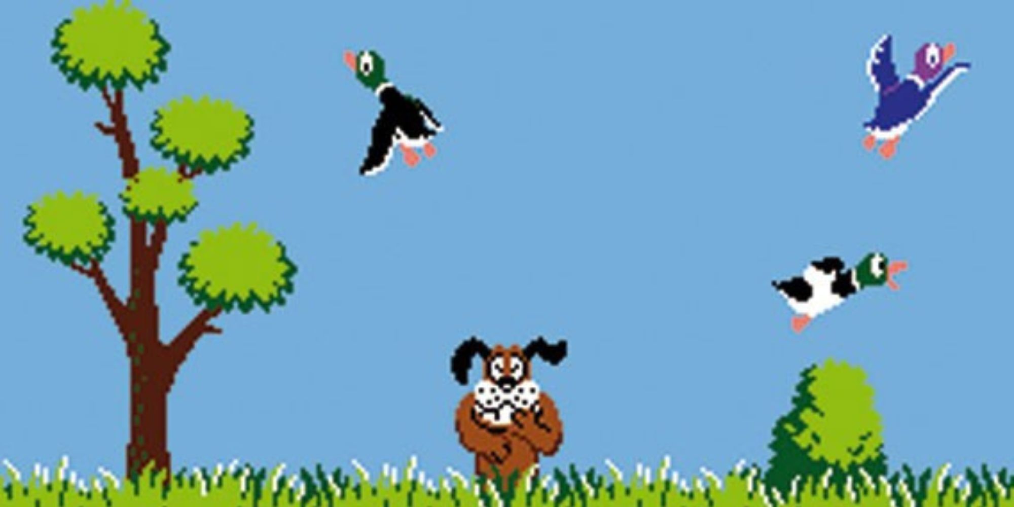 The Duck Hunt Dog laughs as ducks fly away in Duck Hunt.