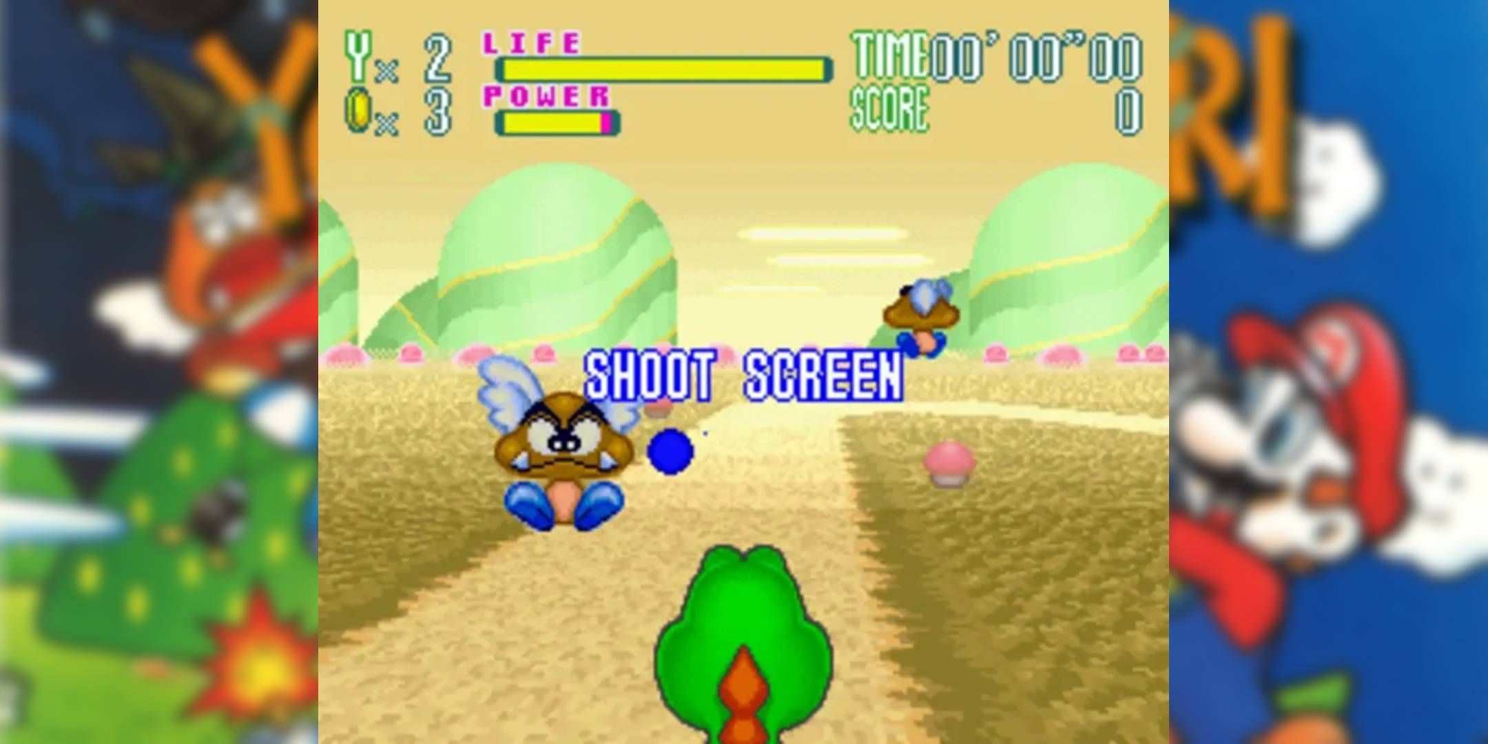 Gameplay of Yoshi's Safari with a prompt saying Shoot Screen.