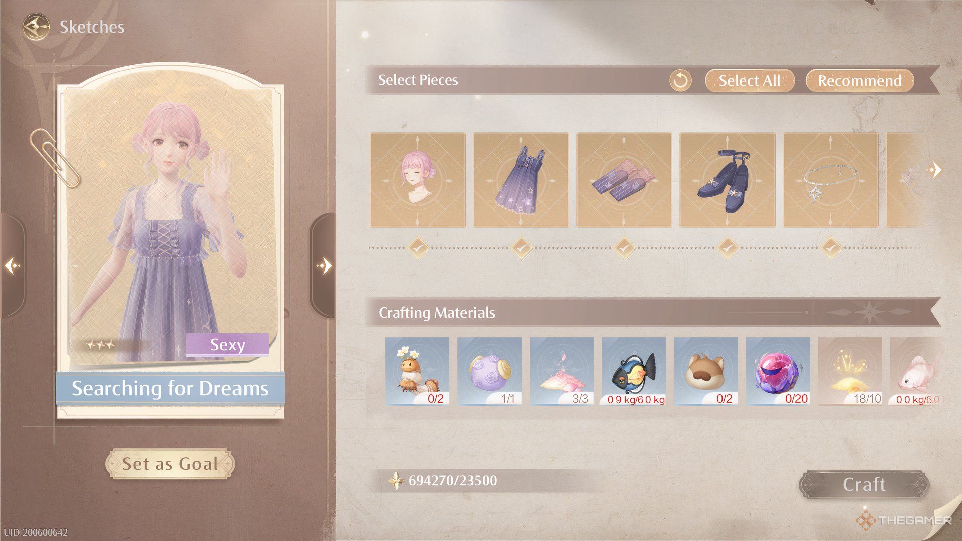 The crafting materials for Searching For Dreams are shown in sketches menu in Infinity Nikki.