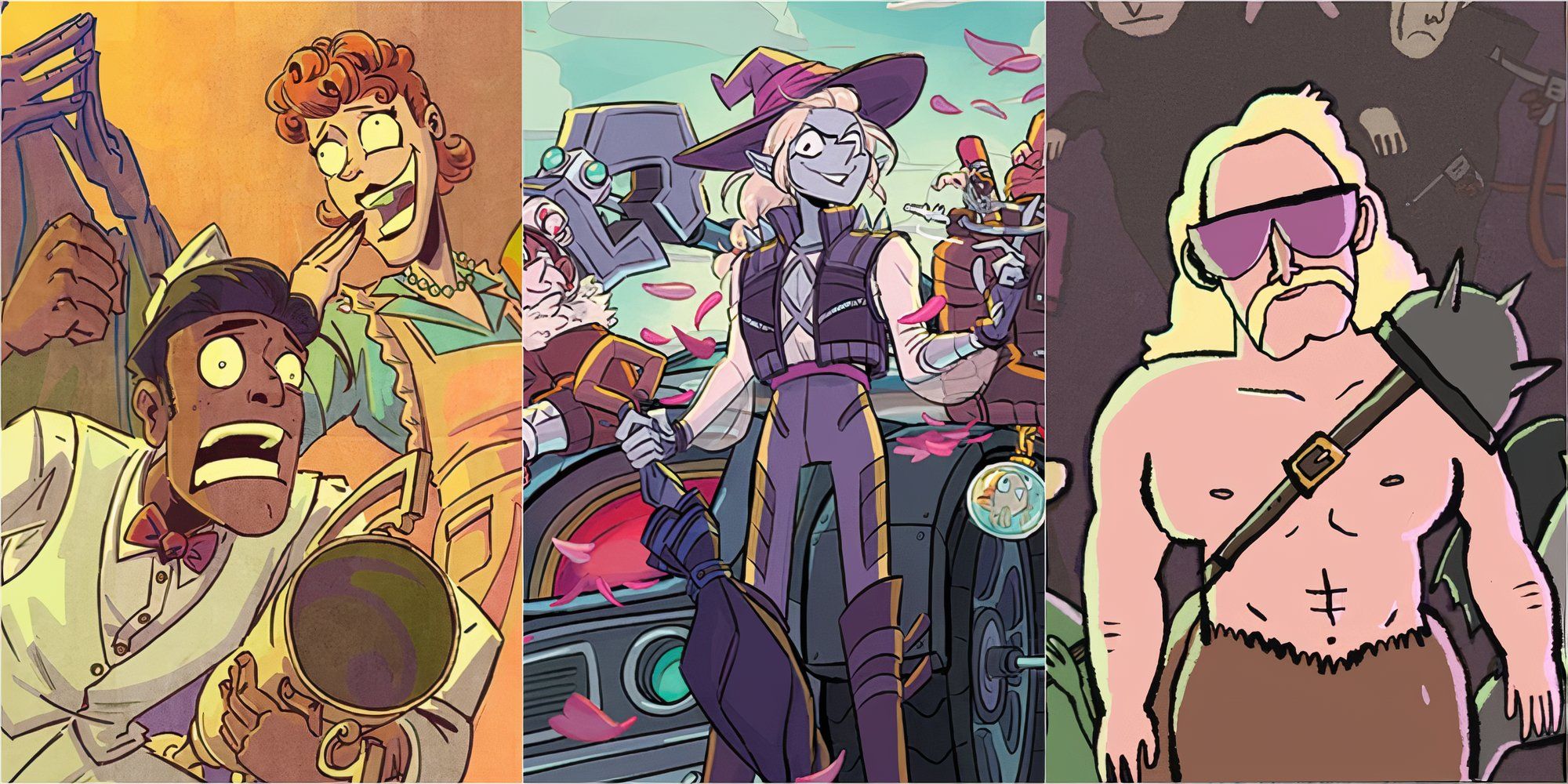 A collage showing official art of different actual play D&D podcasts. From left to right: Dungeons & Daddies, The Adventure Zone, and Rude Tales of Magic.