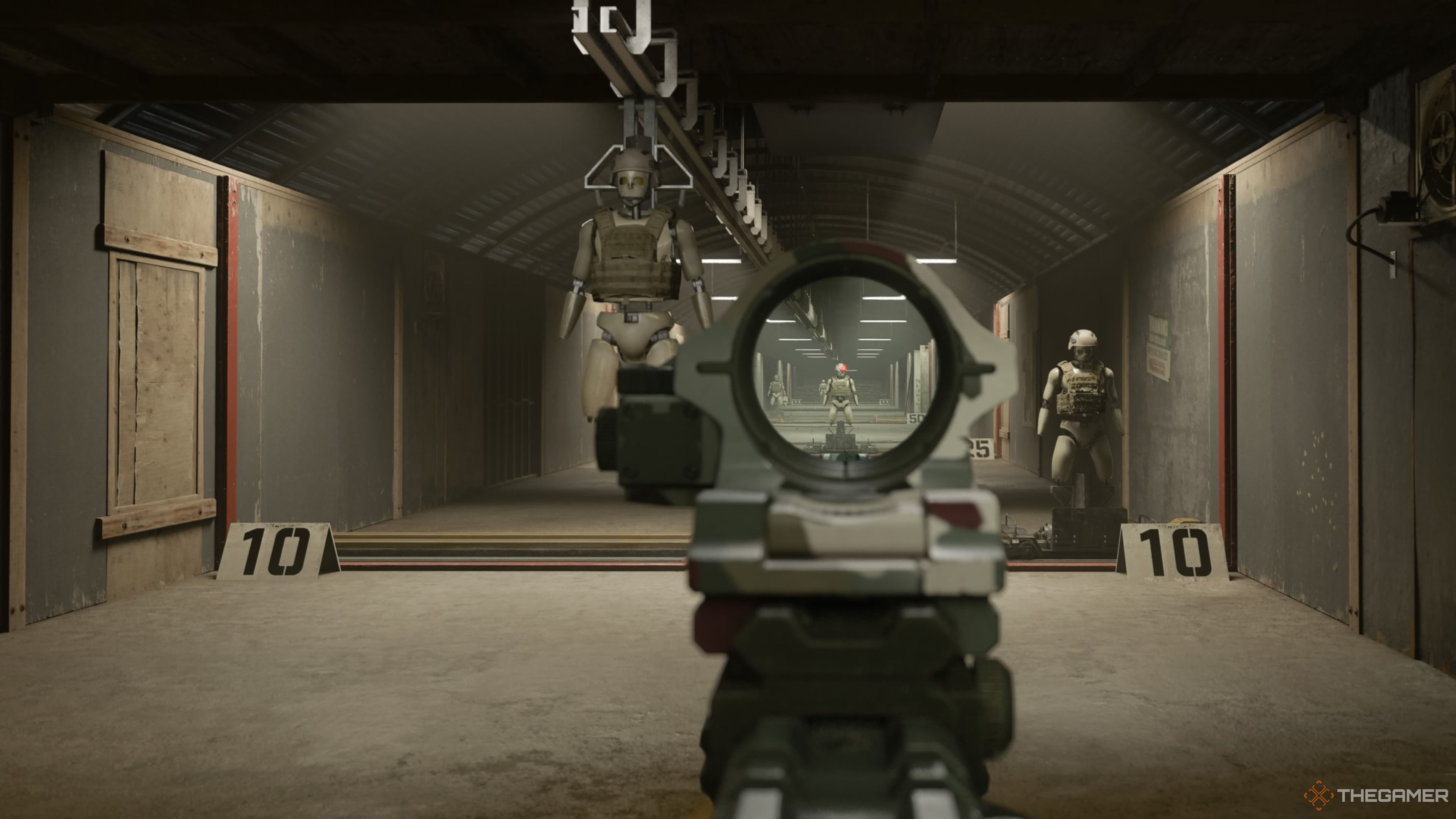 An image showing the player aiming within the Training Range. There are many targets dotted throughout and sign markings on the ground indicate the number of meters to a target.