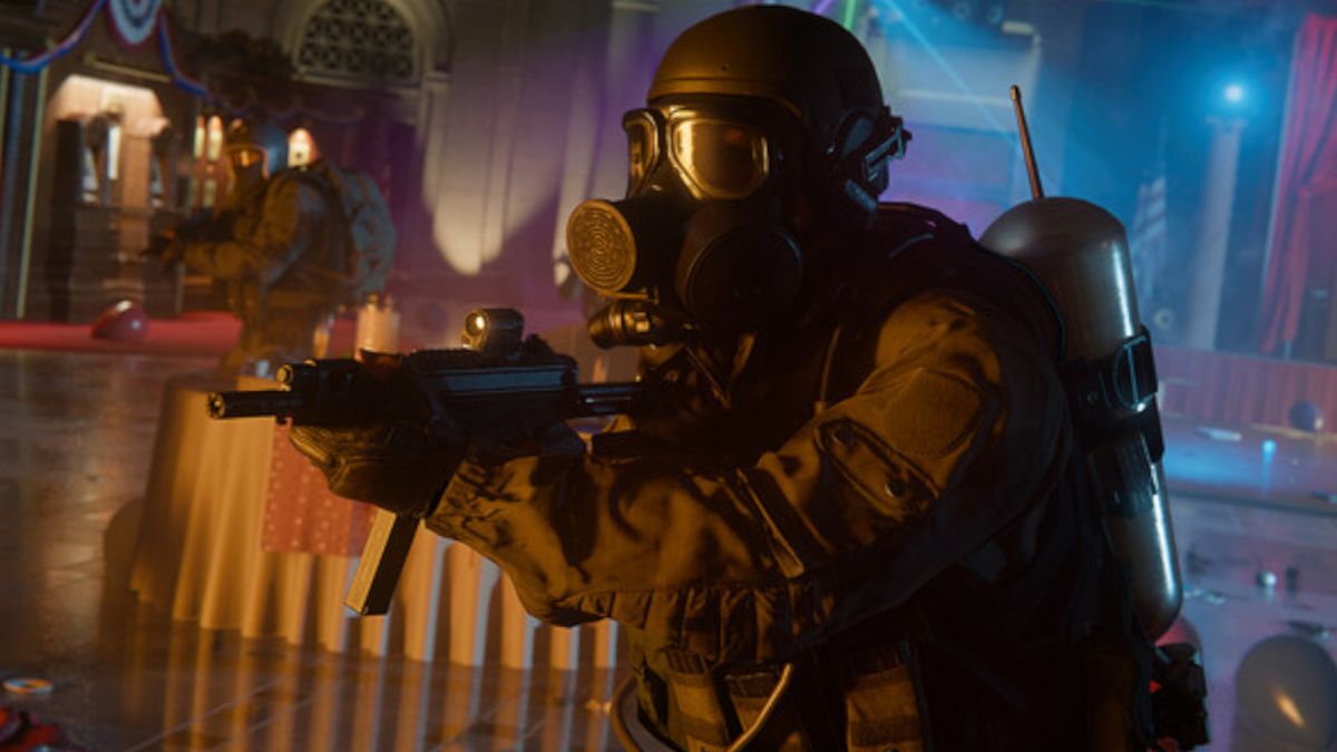 A player wearing a gasmask and holding a gun during the shooter, Call of Duty: Black Ops 6.