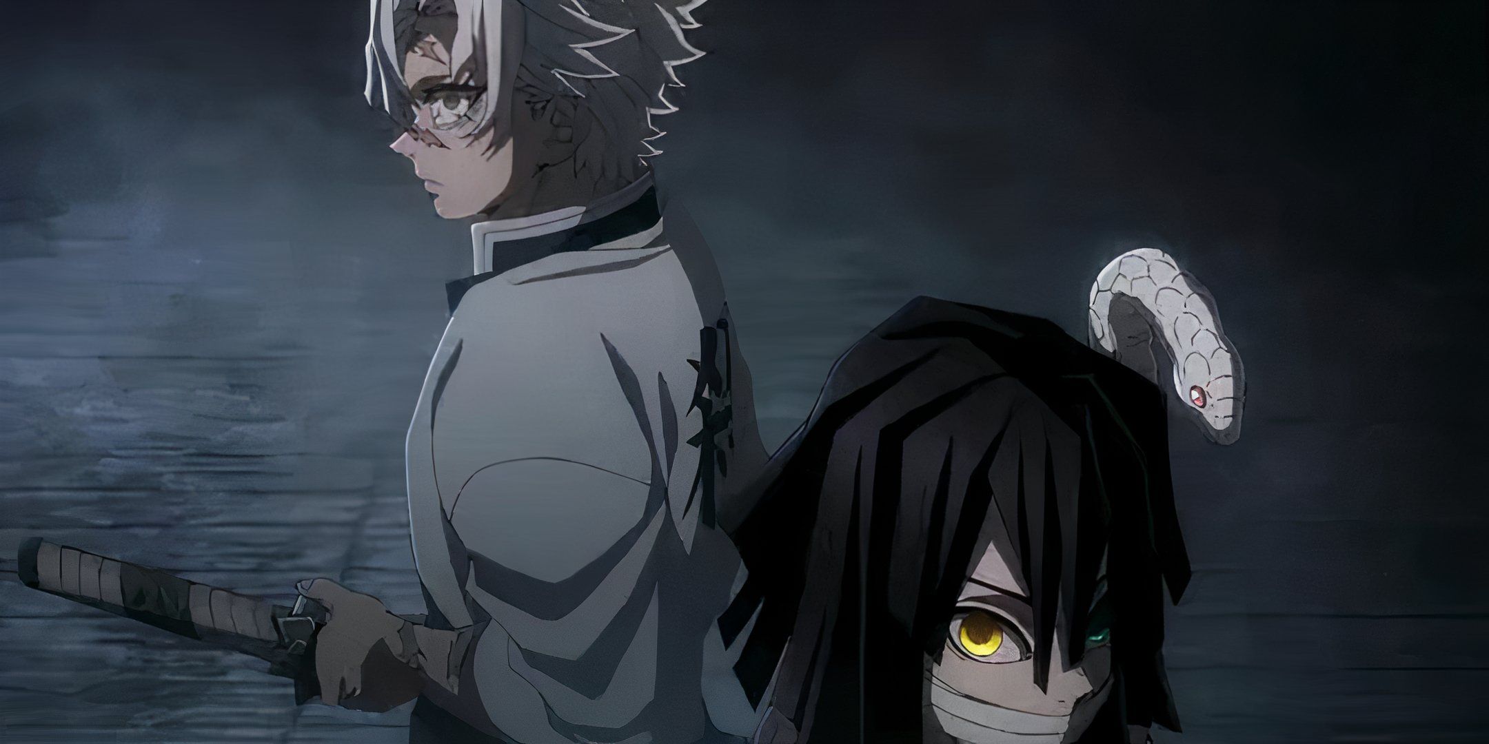 Sanemi and Obanai about to start sparring in the Demon Slayer anime.