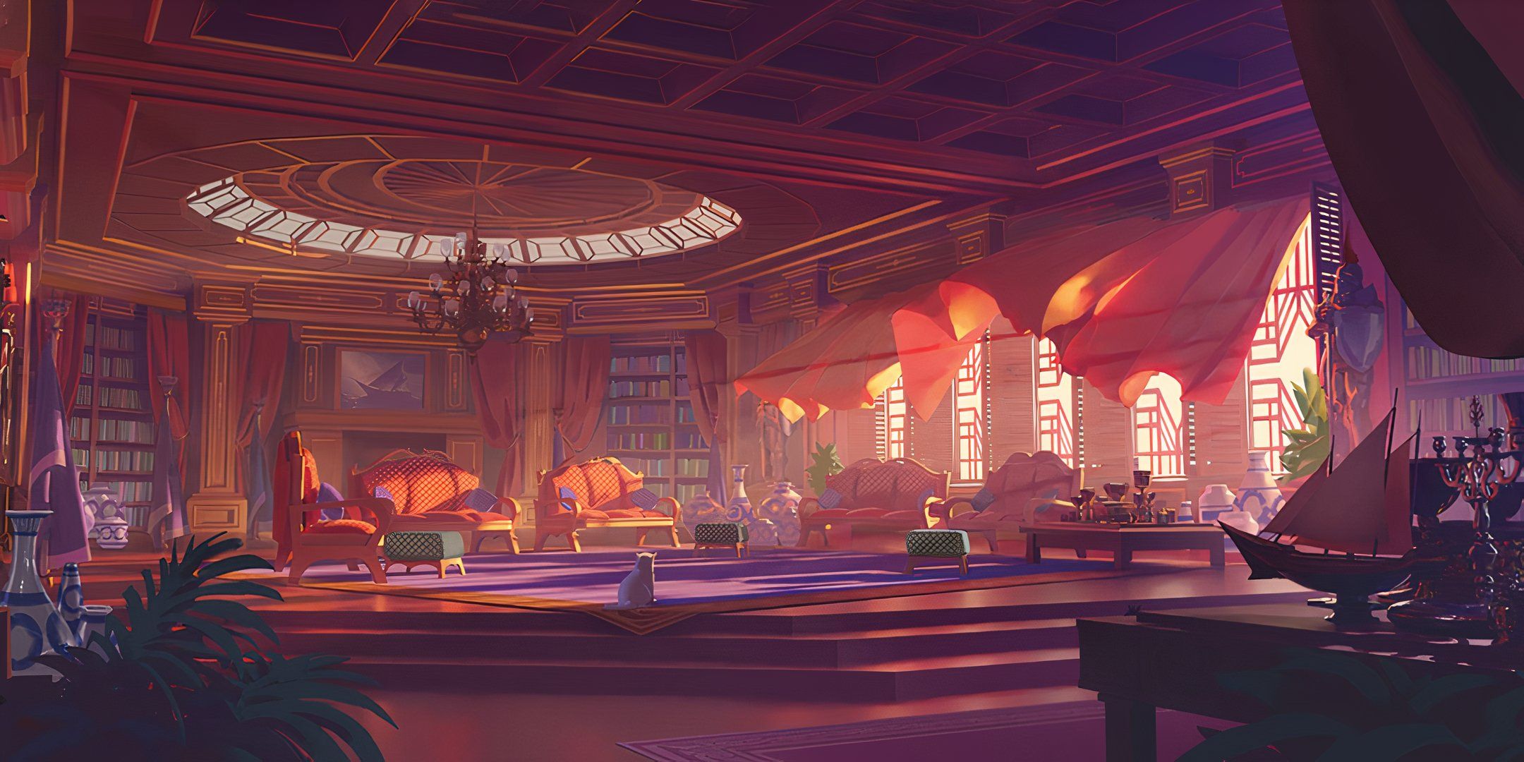 A noble's lounge room, complete with fancy armchairs and curtains in Dungeons & Dragons. 