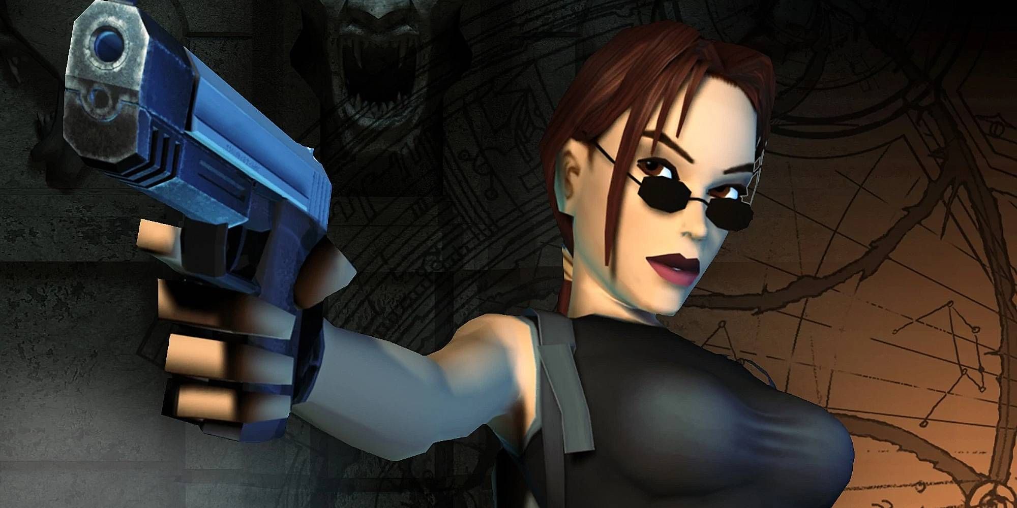 Lara Croft holds up a pistol while adorned in dark clothing.