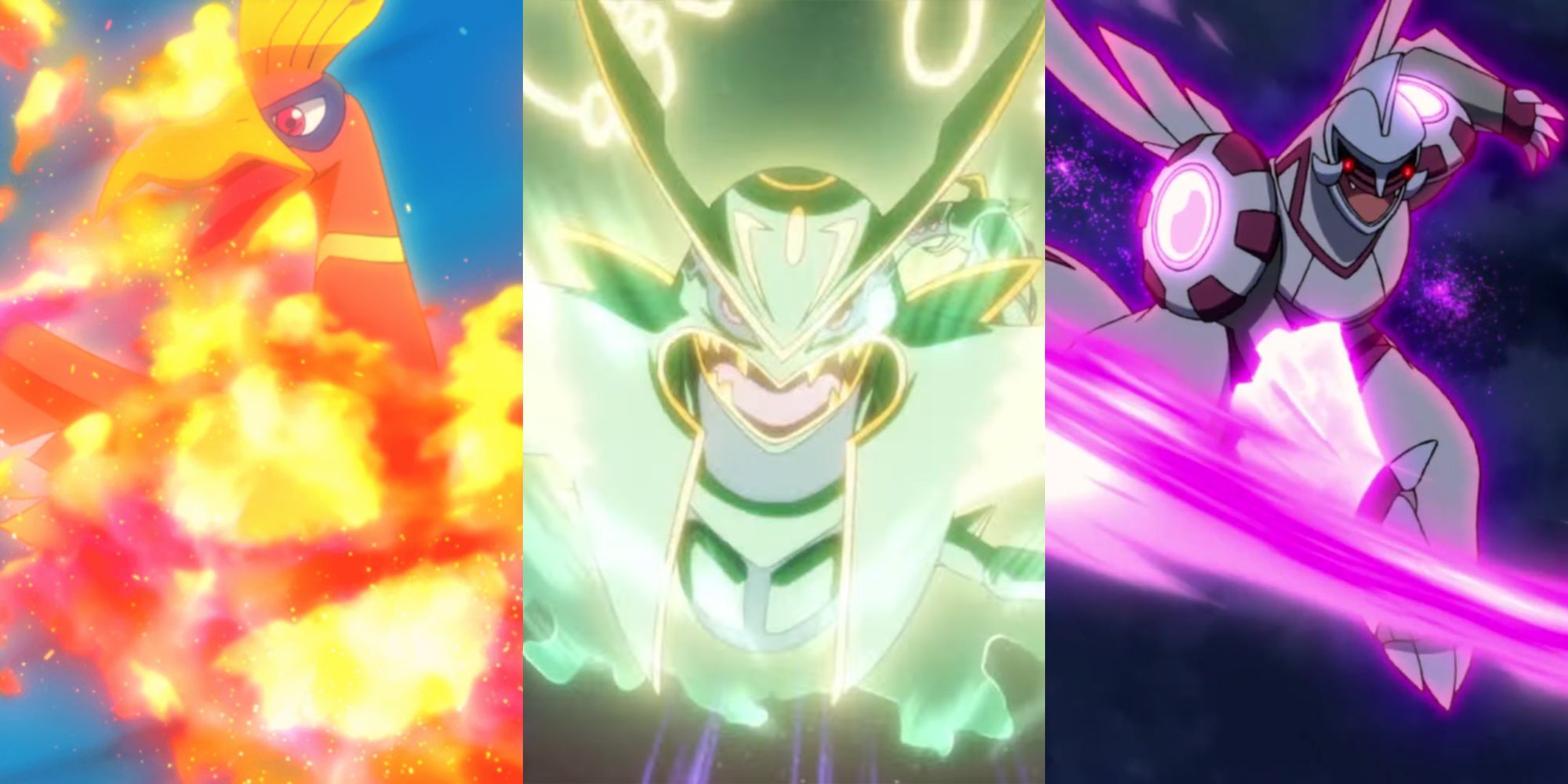 A collage of 3 Legendary Pokemon using their respective signature moves: Ho-oh using Sacred Fire, Mega Rayquaza using Dragon Ascent and Palkia using Dragon Ascent.