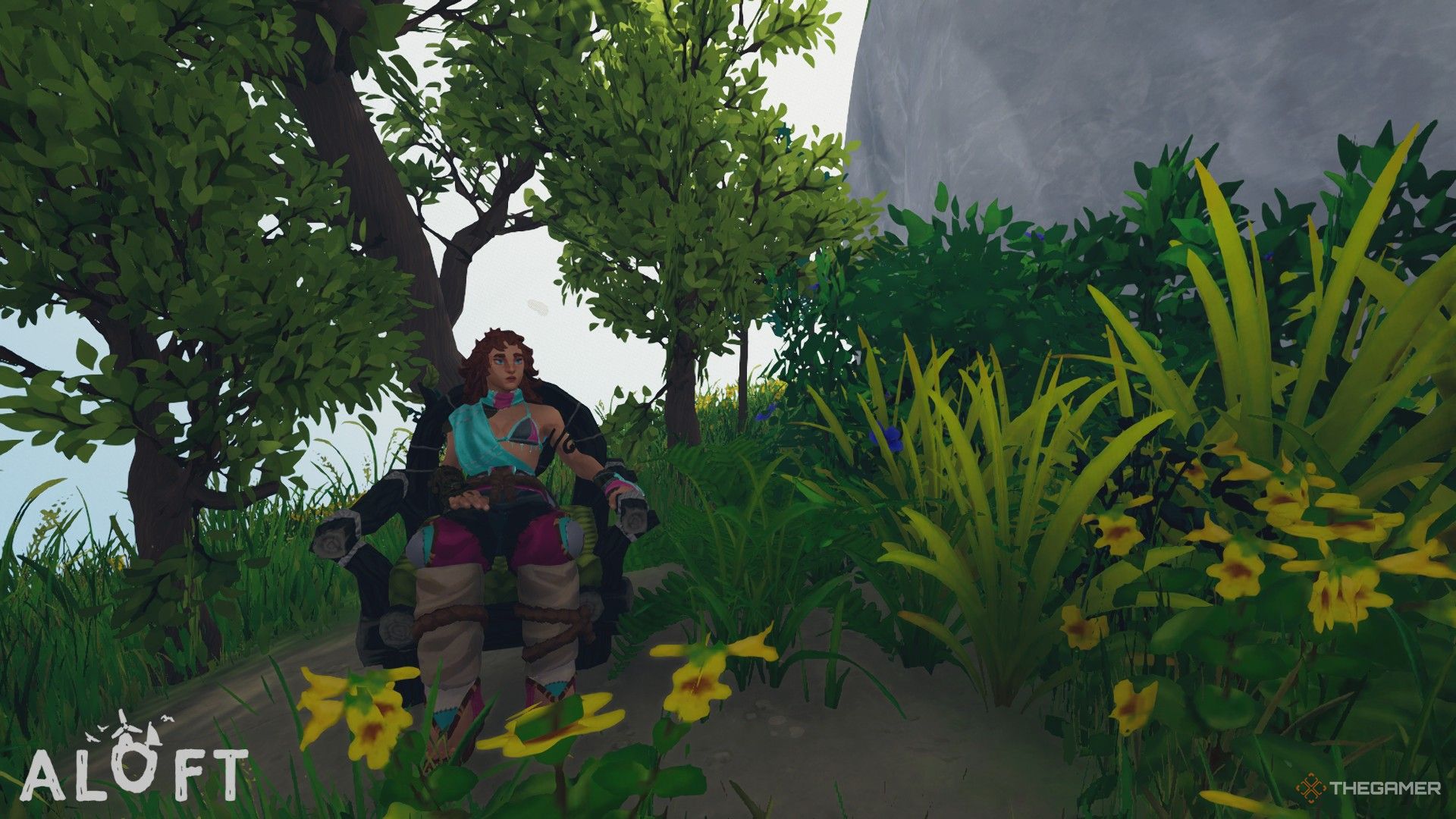 A character sitting in a leaf chair amid Emerald Isles plants in Aloft.