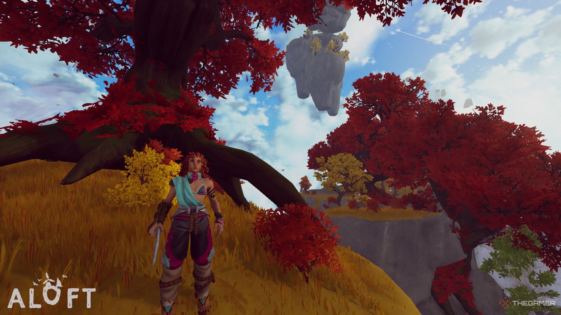 A character standing by a red tree in the Fallen Heights biome in Aloft.