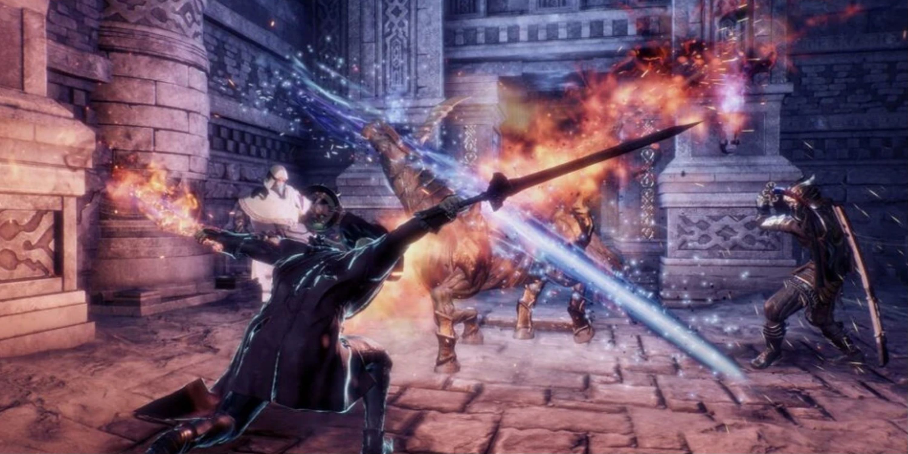 A Red Mage performs a dual slash across an enemy with flaming weapons.