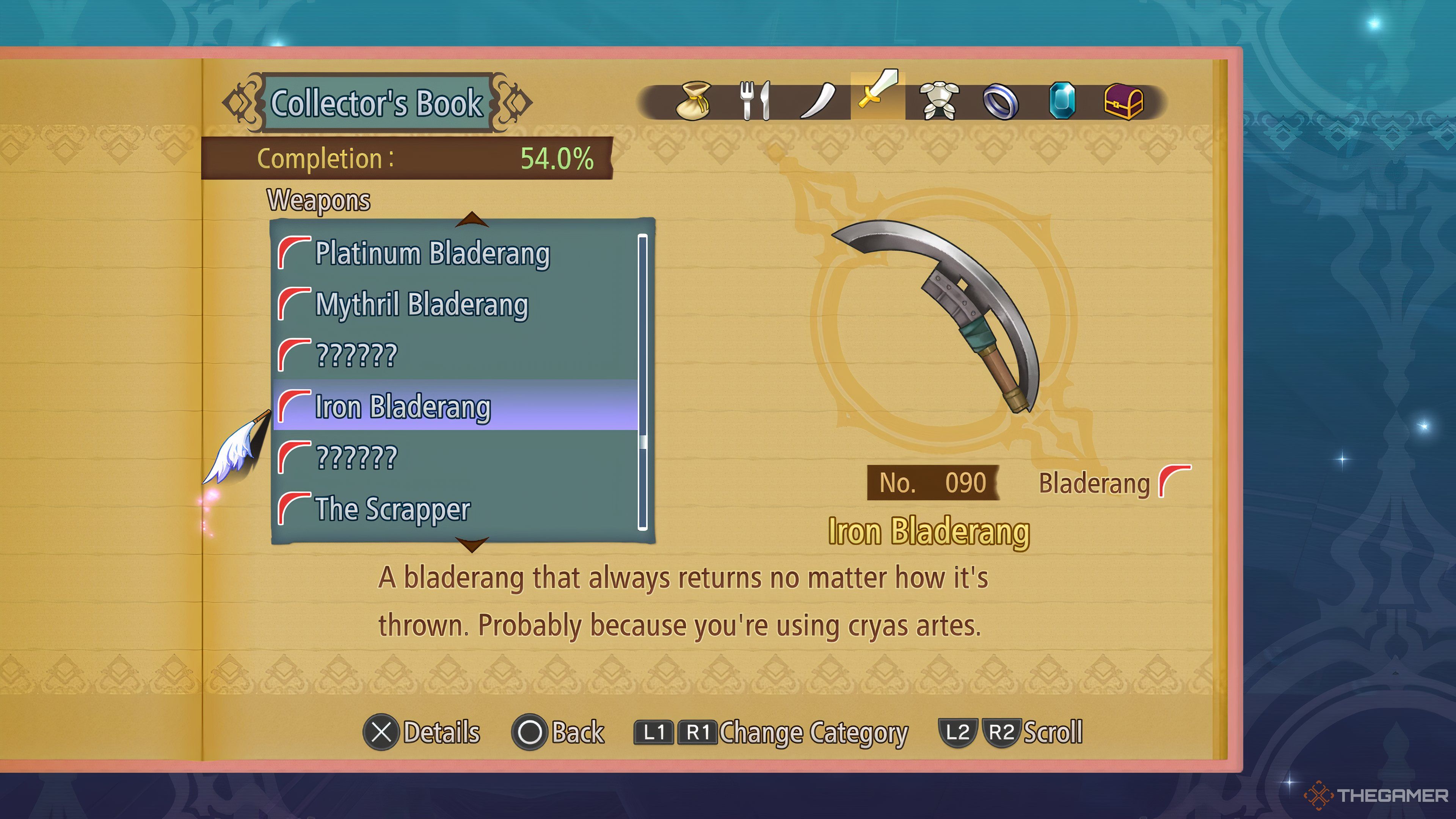 Collector's book page for weapons showing the different bladerang and focusing on the Iron Bladerang in Tales Of Graces F Remastered.