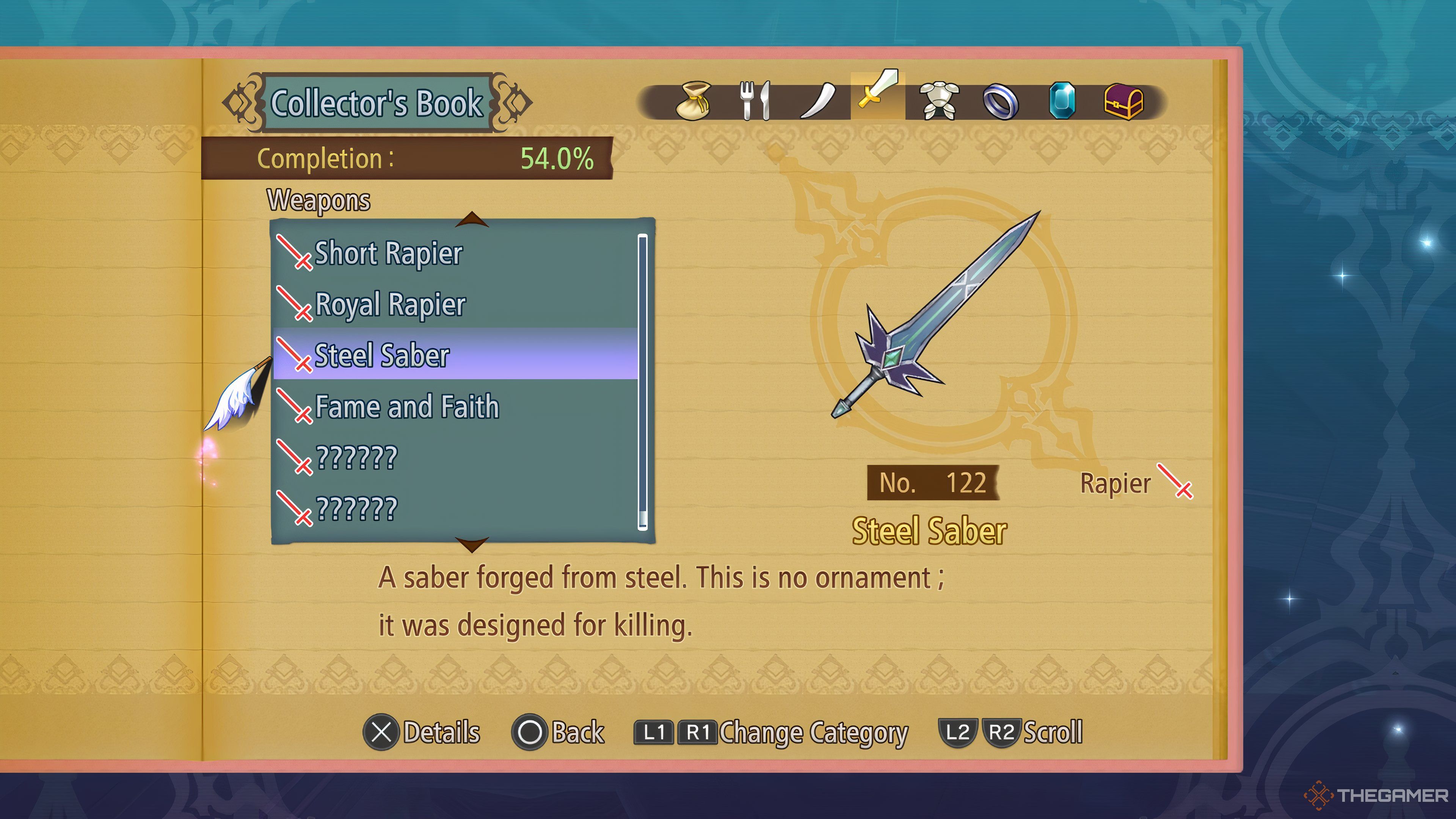 Collector's Book menu showing a list of rapiers and focusing on the Steel Saber in Tales Of Graces F Remastered.