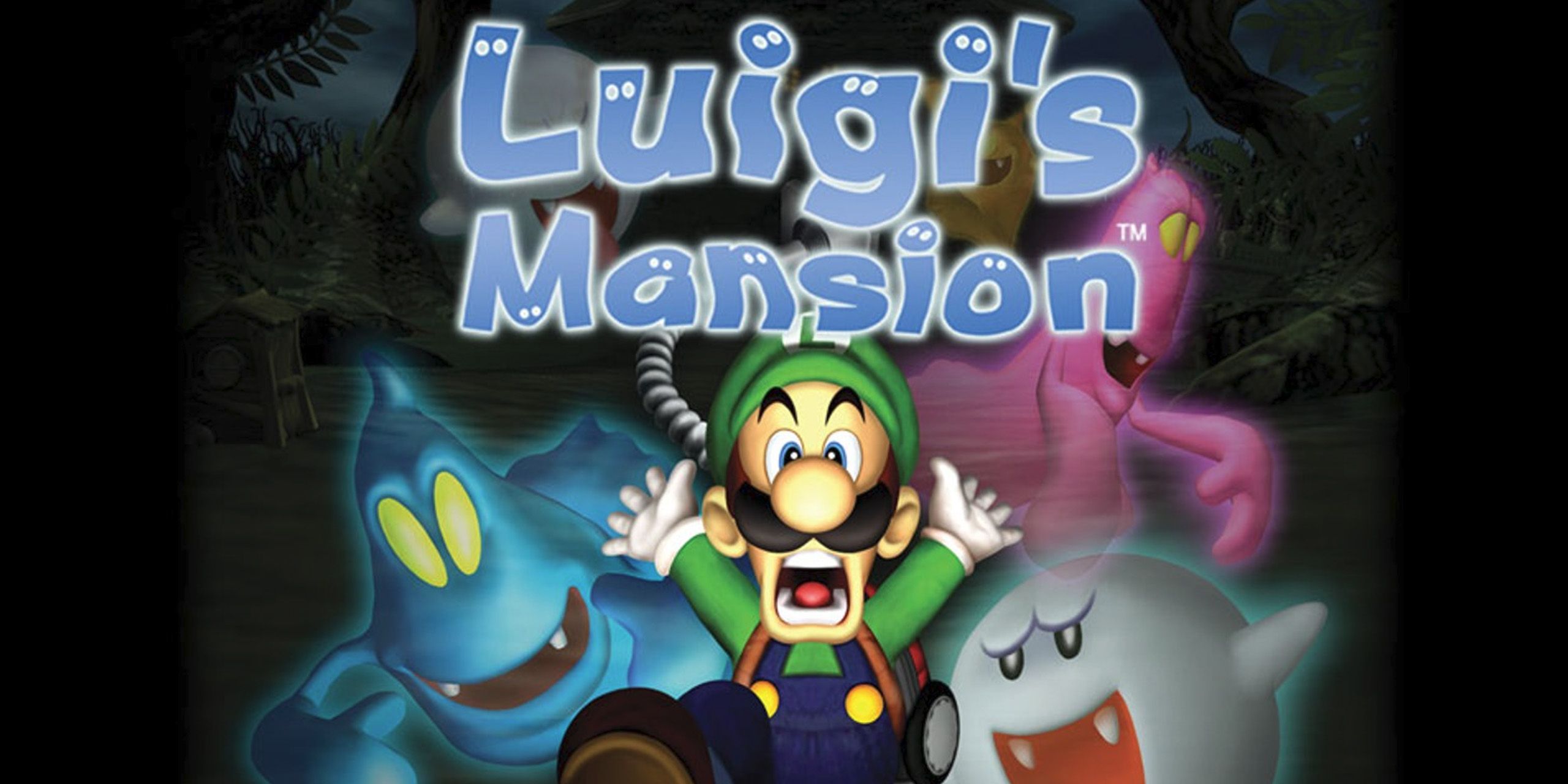 Cover art for Luigi's Mansion, showing Luigi surrounded by ghosts under the game's logo.