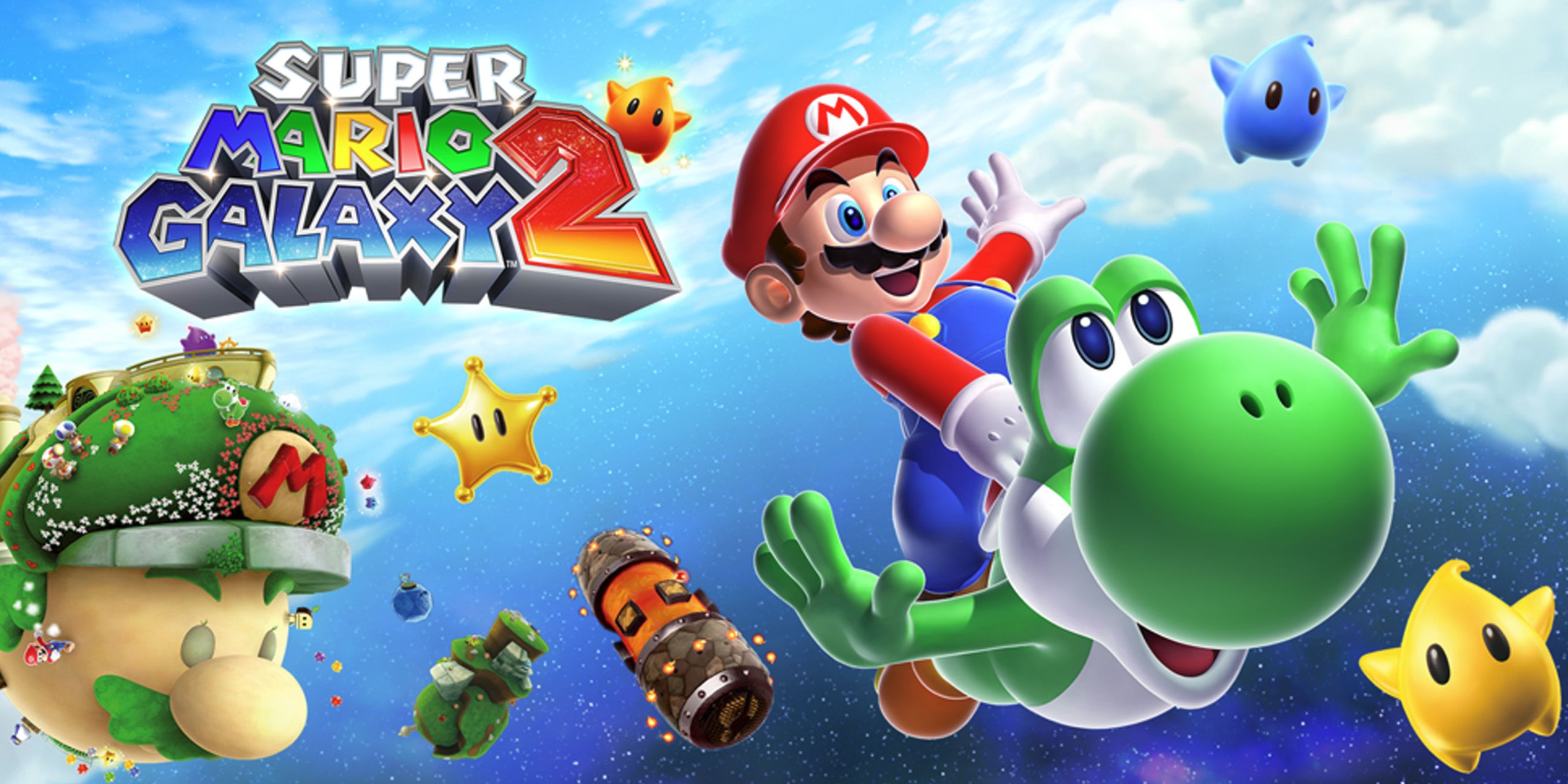 Cover art for Super Mario Galaxy 2, showing Mario and Yoshi flying away from Starship Mario.