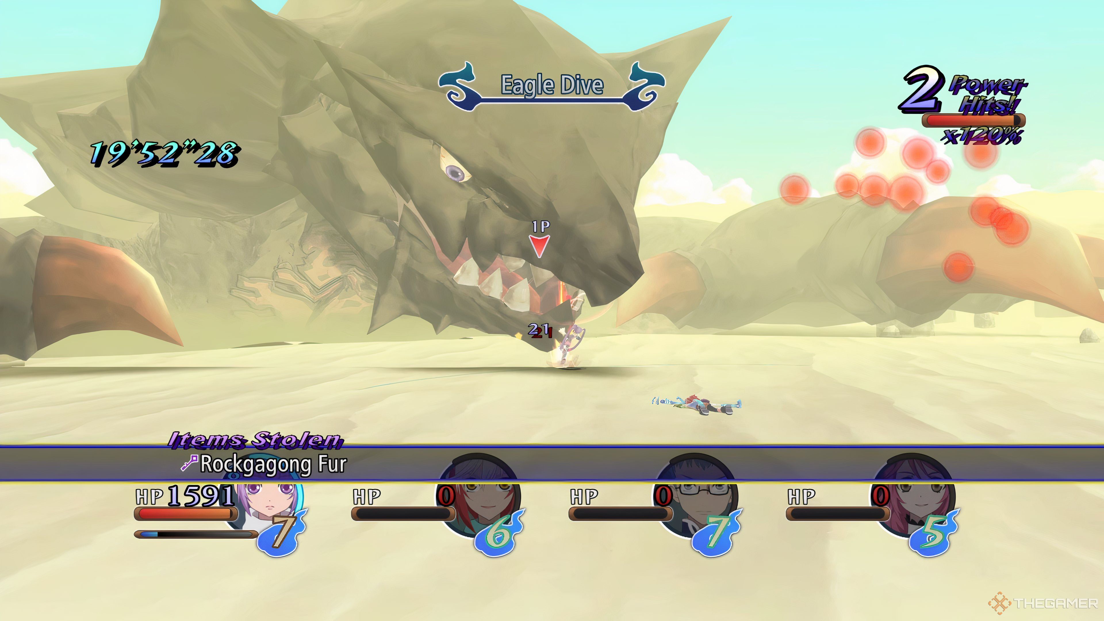 Sophie using Eagle Dive to steal some Rockagong Fur from the Rockagong during battle in Tales Of Graces F Remastered.