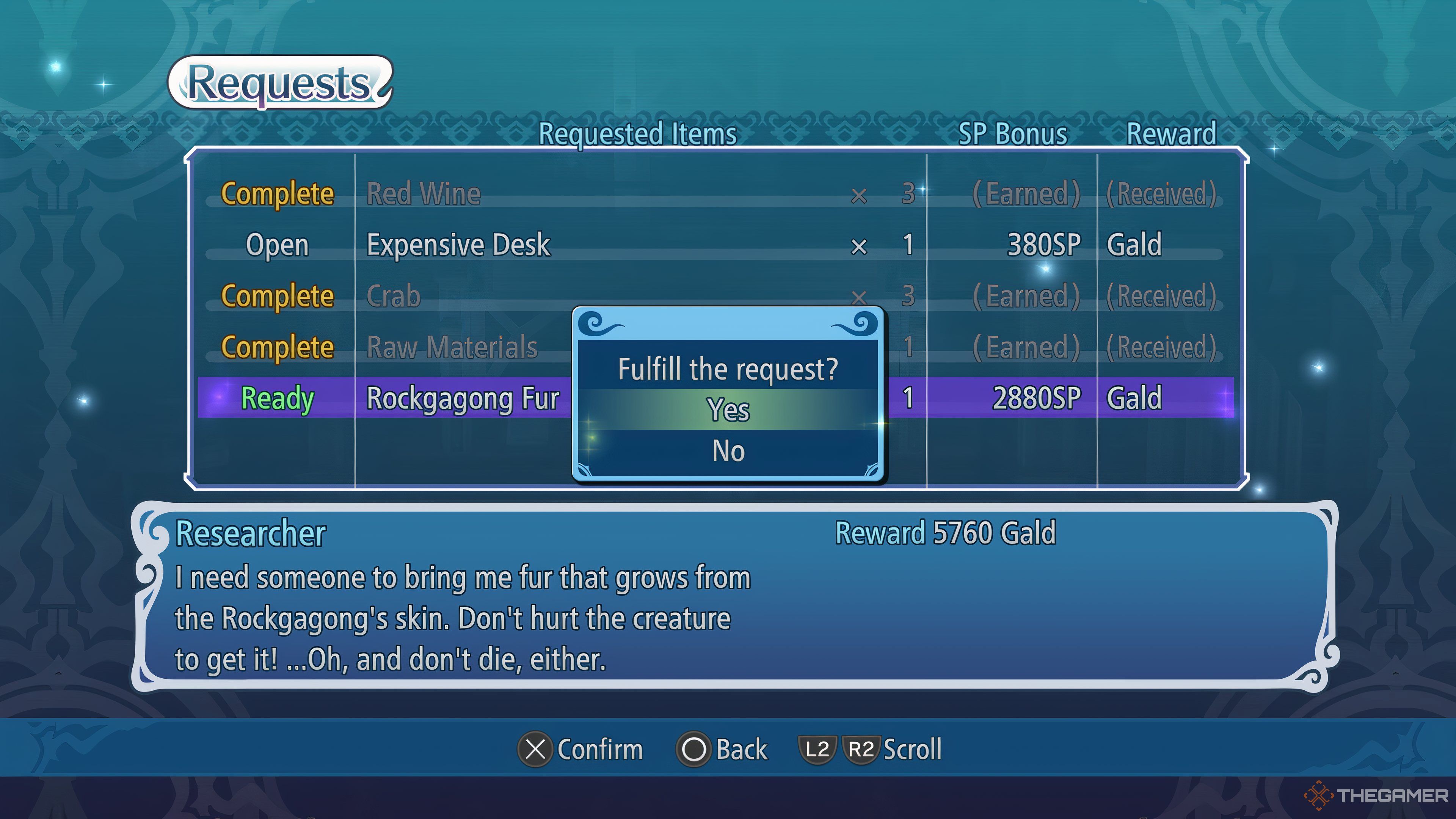 Requests menu at Zahvert Inn focusing on the Researcher's request for Rockagong Fur in Tales Of Graces F Remastered.