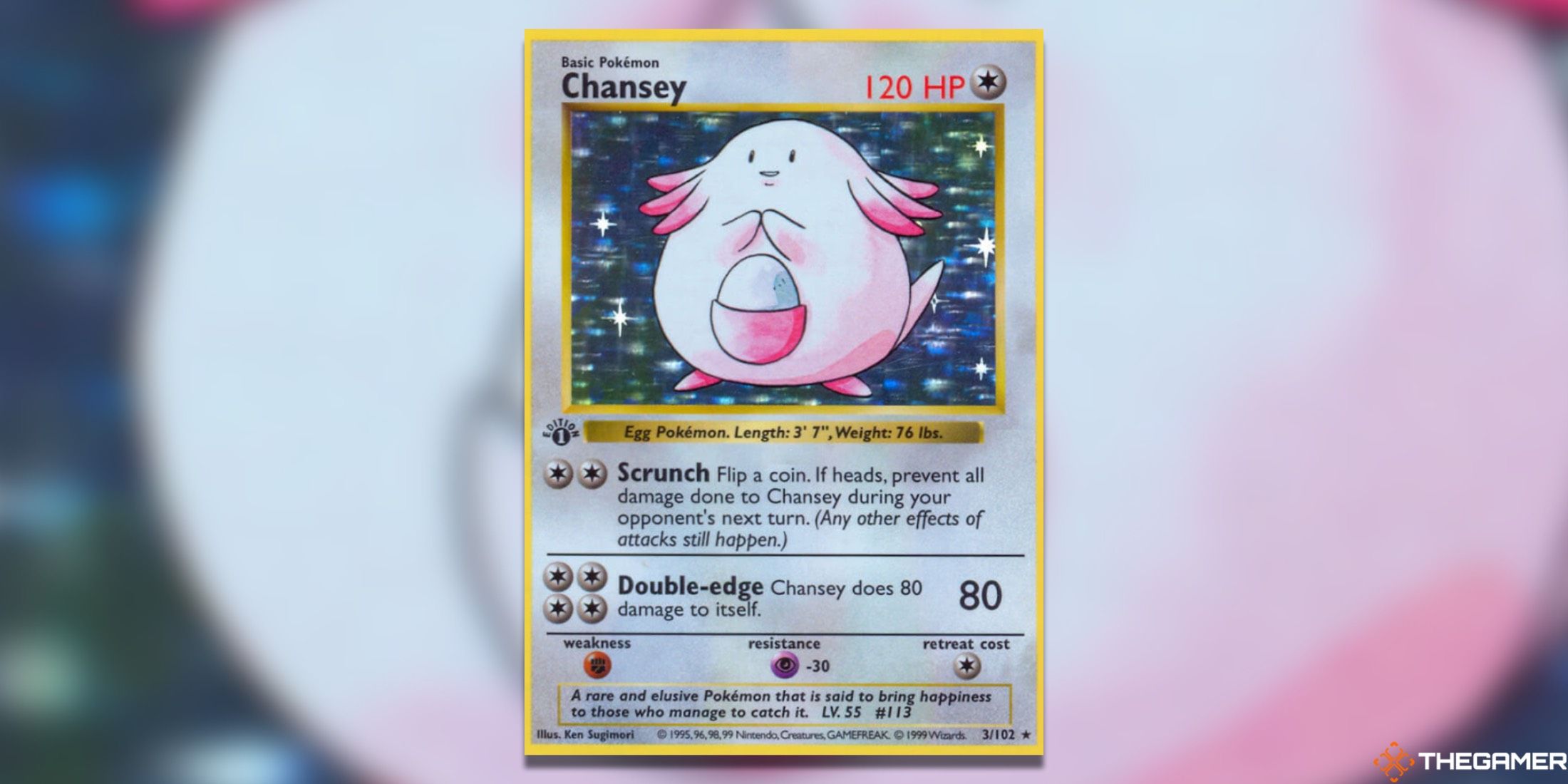 The first-edition Base Set Chansey from the Pokemon TCG.