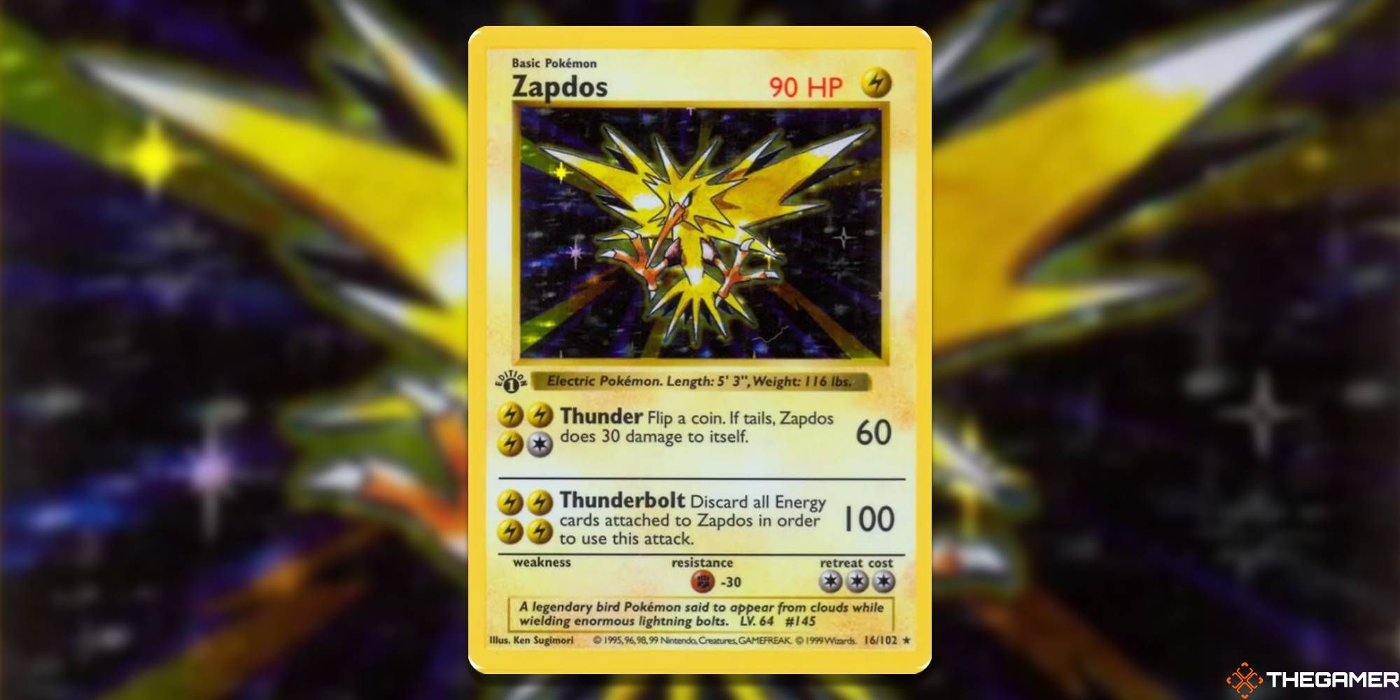 Base Set Shadowless Zapdos from the Pokemon TCG with blurred background