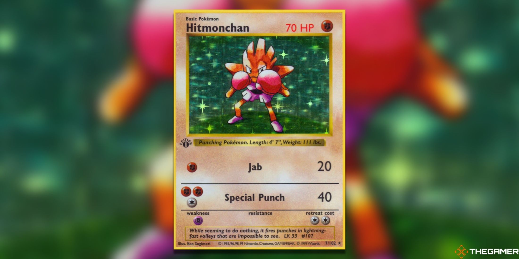 The first edition Base Set Hitmonchan from the Pokemon TCG.