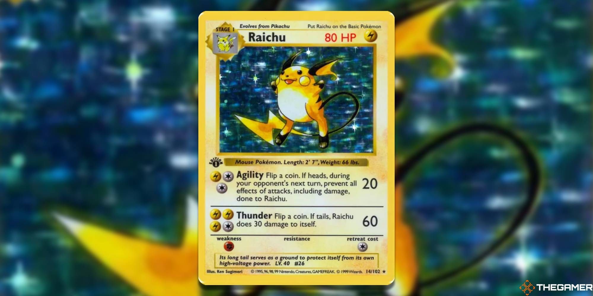 Base Set Shadowless Raichu from the Pokemon TCG with blurred background