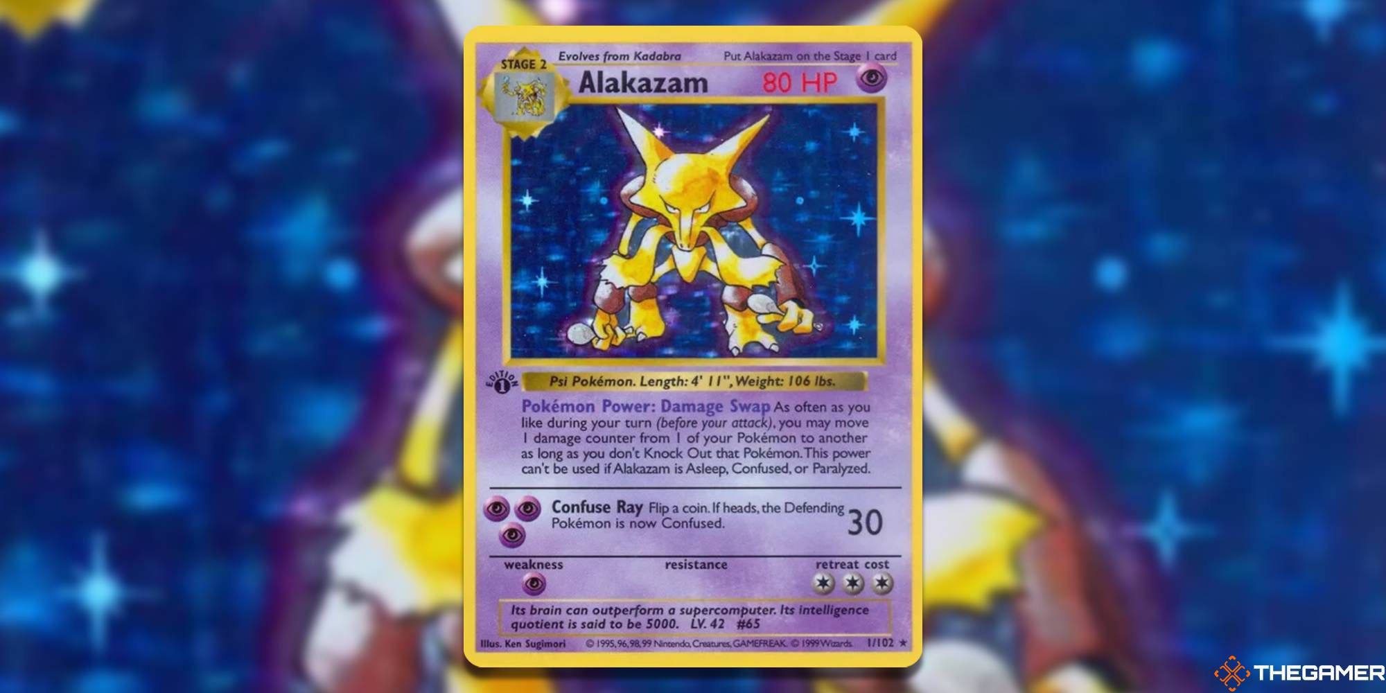 Base Set Shadowless Alakazam from the Pokemon TCG with blurred background