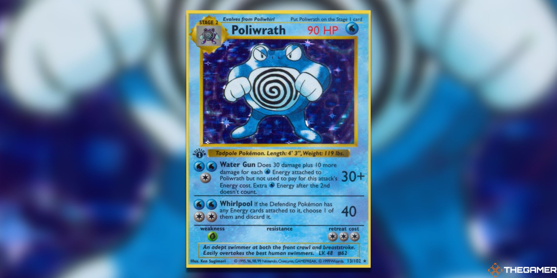 The first edition Base Set Poliwrath from the Pokemon TCG.