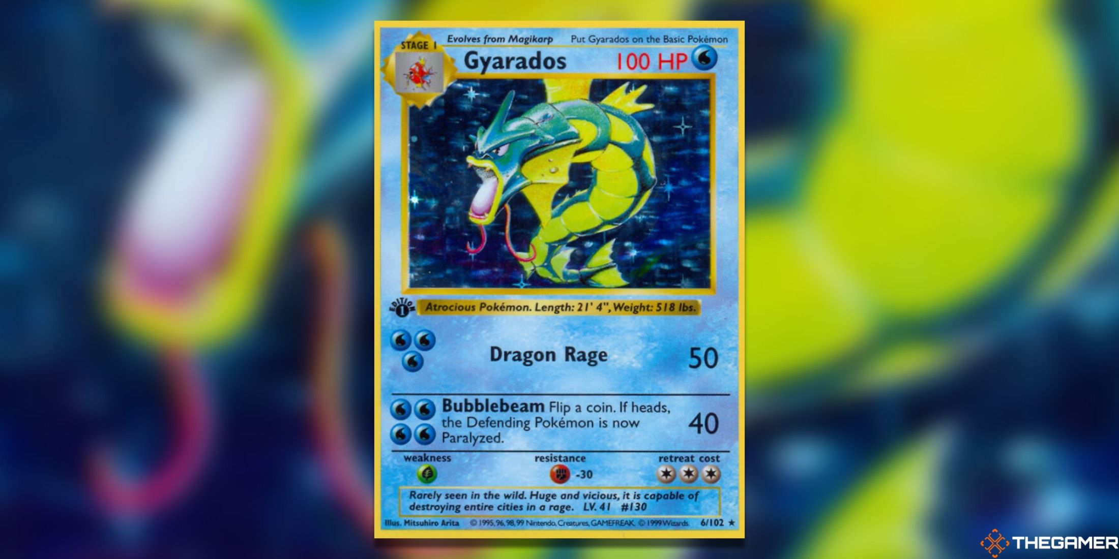 The first-ediiton Base Set Gyarados in the Pokemon TCG.