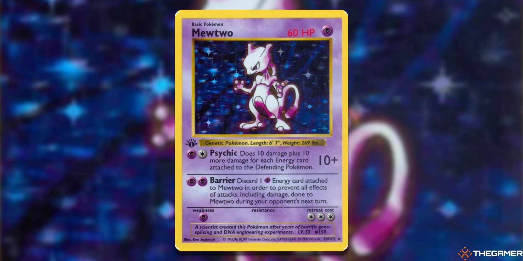 Base Set Shadowless Mewtwo from the Pokemon TCG with blurred background