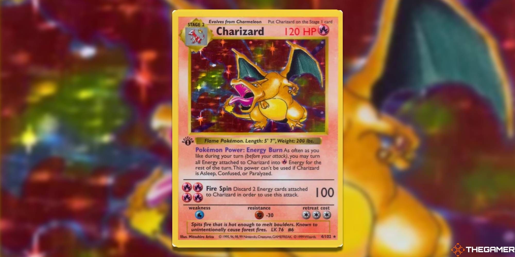 Base Set Shadowless Charizard from the Pokemon TCG with blurred background