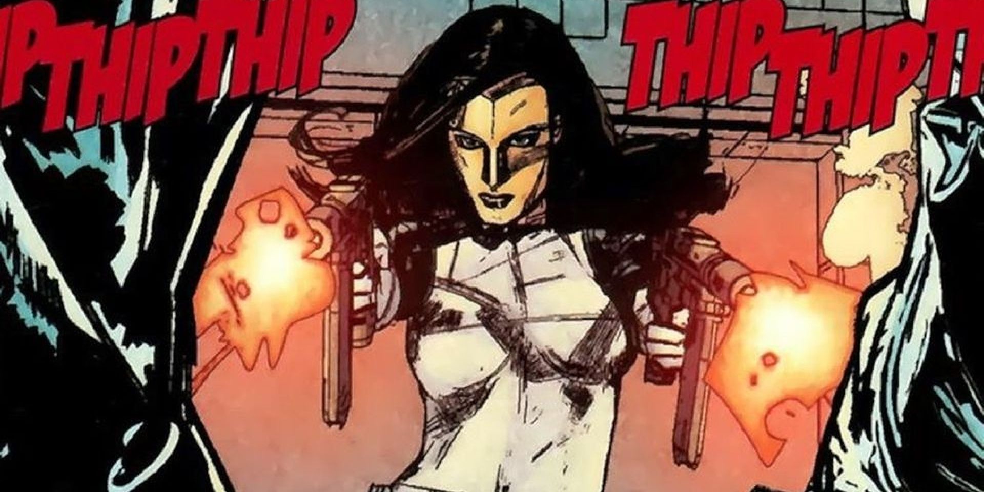 Madame Masque fires a gun