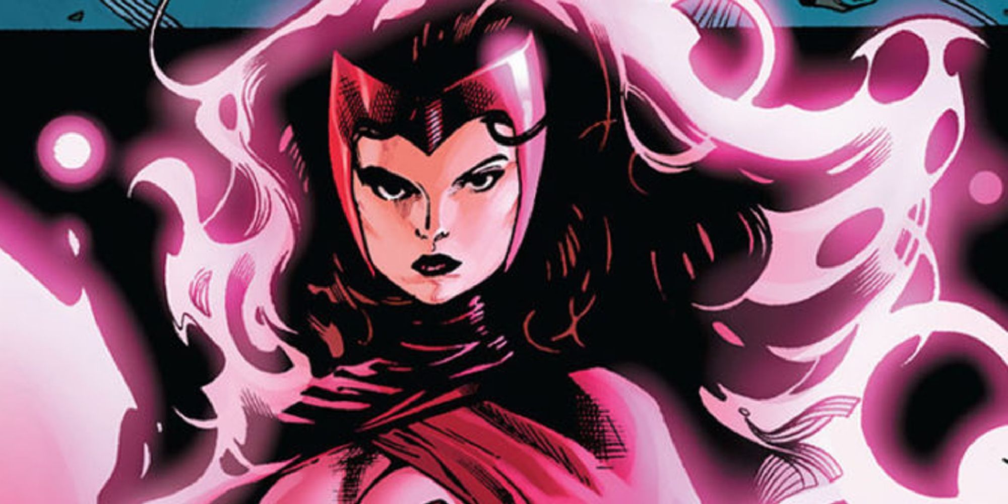 The Scarlet Witch with a stern look as she is surrounded by purple light