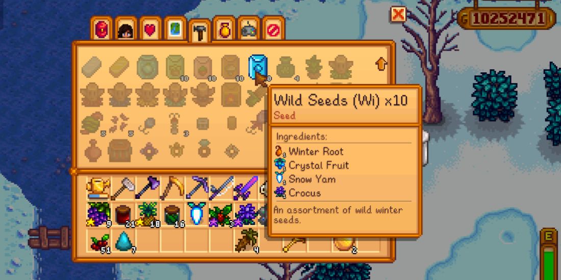 Wild seeds in the Stardew Valley crafting menu