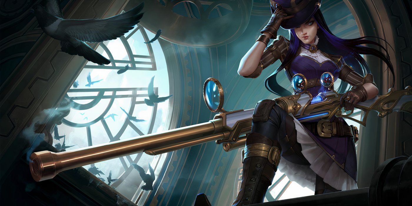 Caitlyn tracks shoots a criminal in her League of Legends splash art.