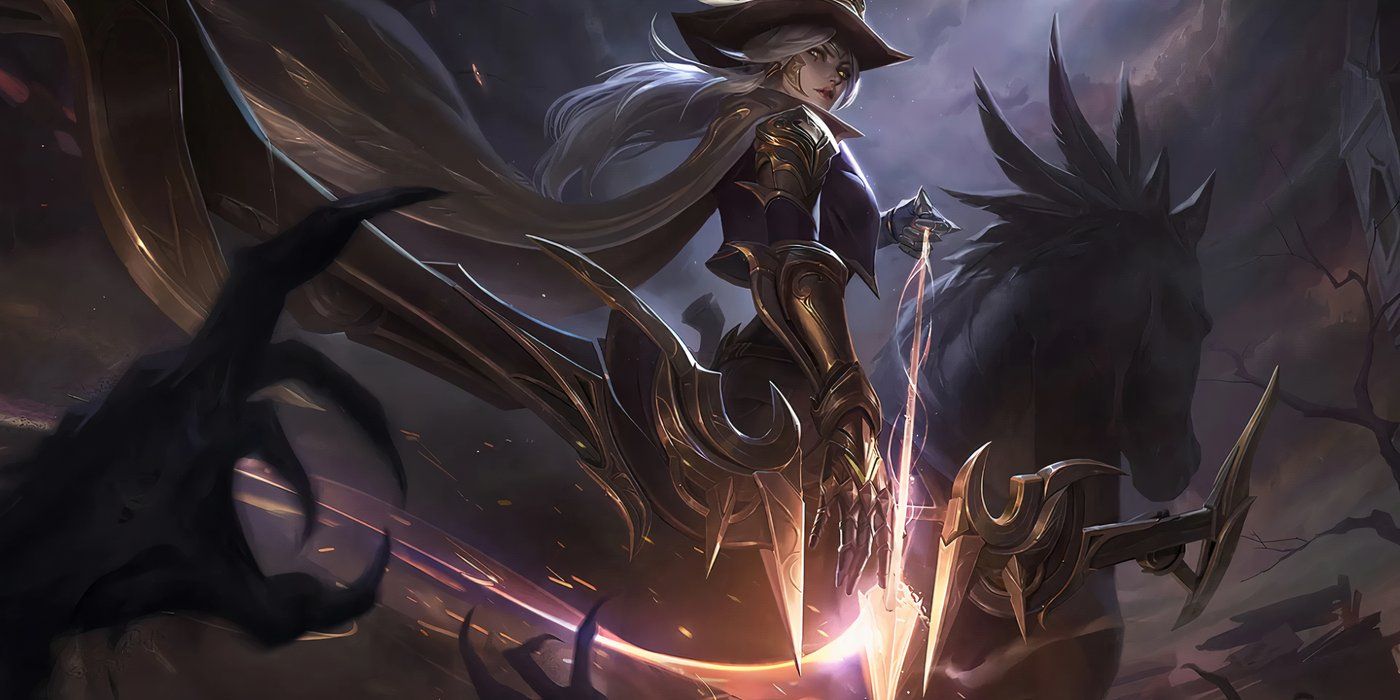 High Noon Ashe kills an enemy in her League of Legends splash art.