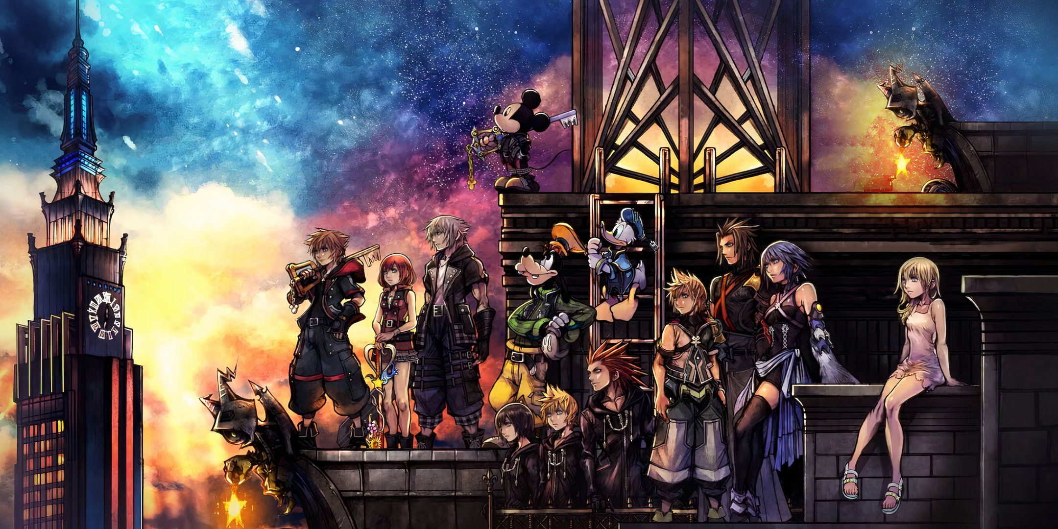 The cast of Kingdom Hearts 3 stand on the edge of a tall building, with the stars shining in the background.