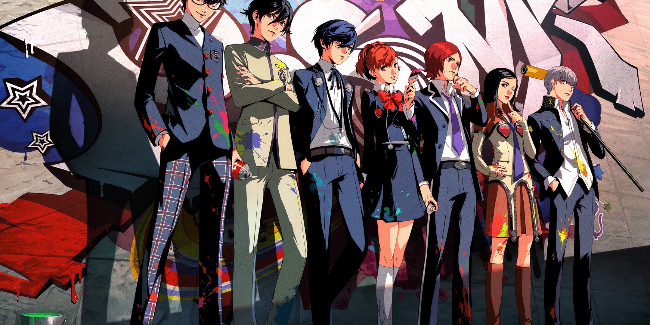 Several Persona protagonists stand against a graffitied wall.