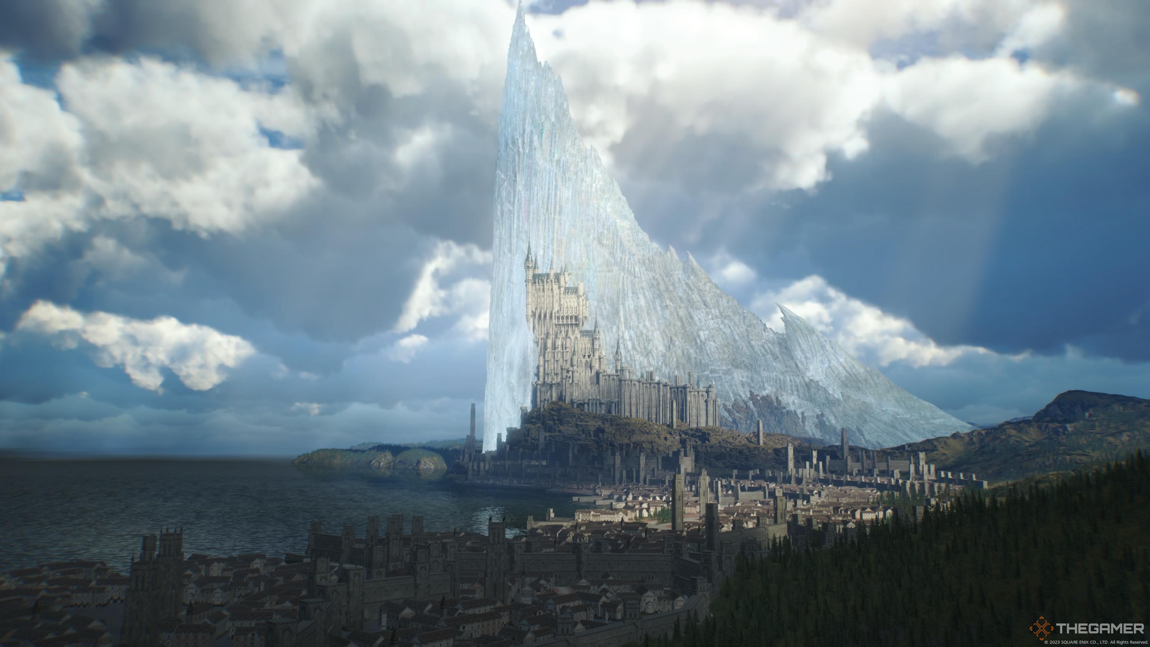 The city of oriflamme in the holy empire of sanbreque framed by its mothercrystal in final fantasy 16.