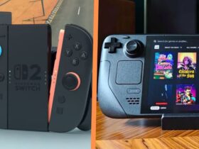 The Steam Deck OLED side by side with a Switch 2's controller, separated by an orange line